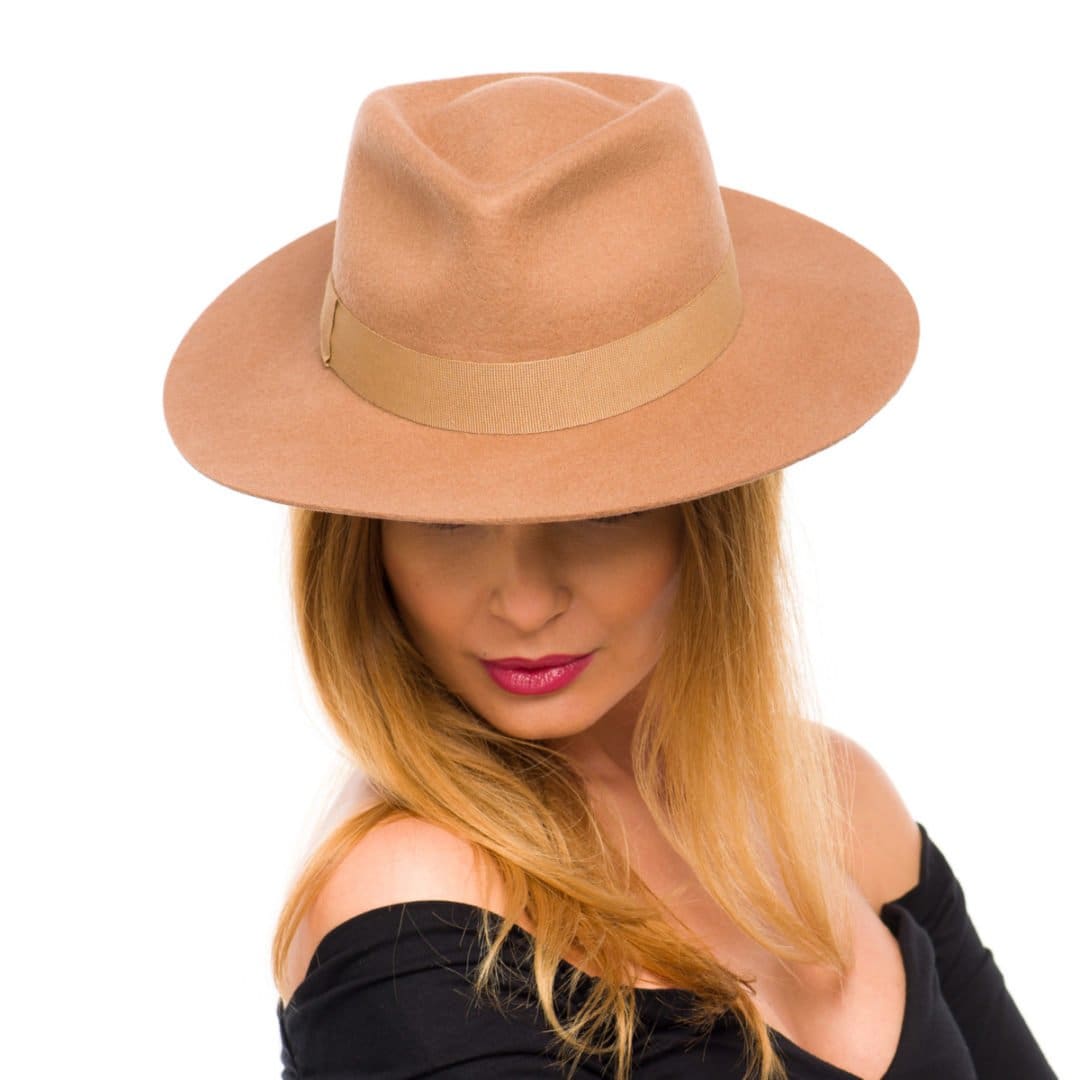Palarie dama Siena camel, maro-crem, bor mediu drept, fetru de lana