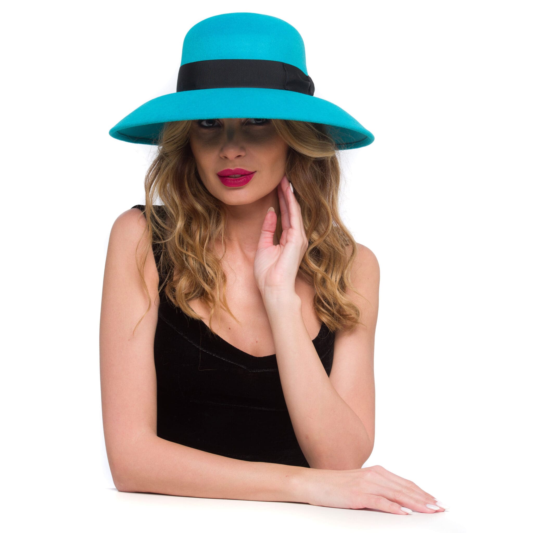 Palarie dama Audrey velour turchese, turcuaz, bor mediu, velur de iepure