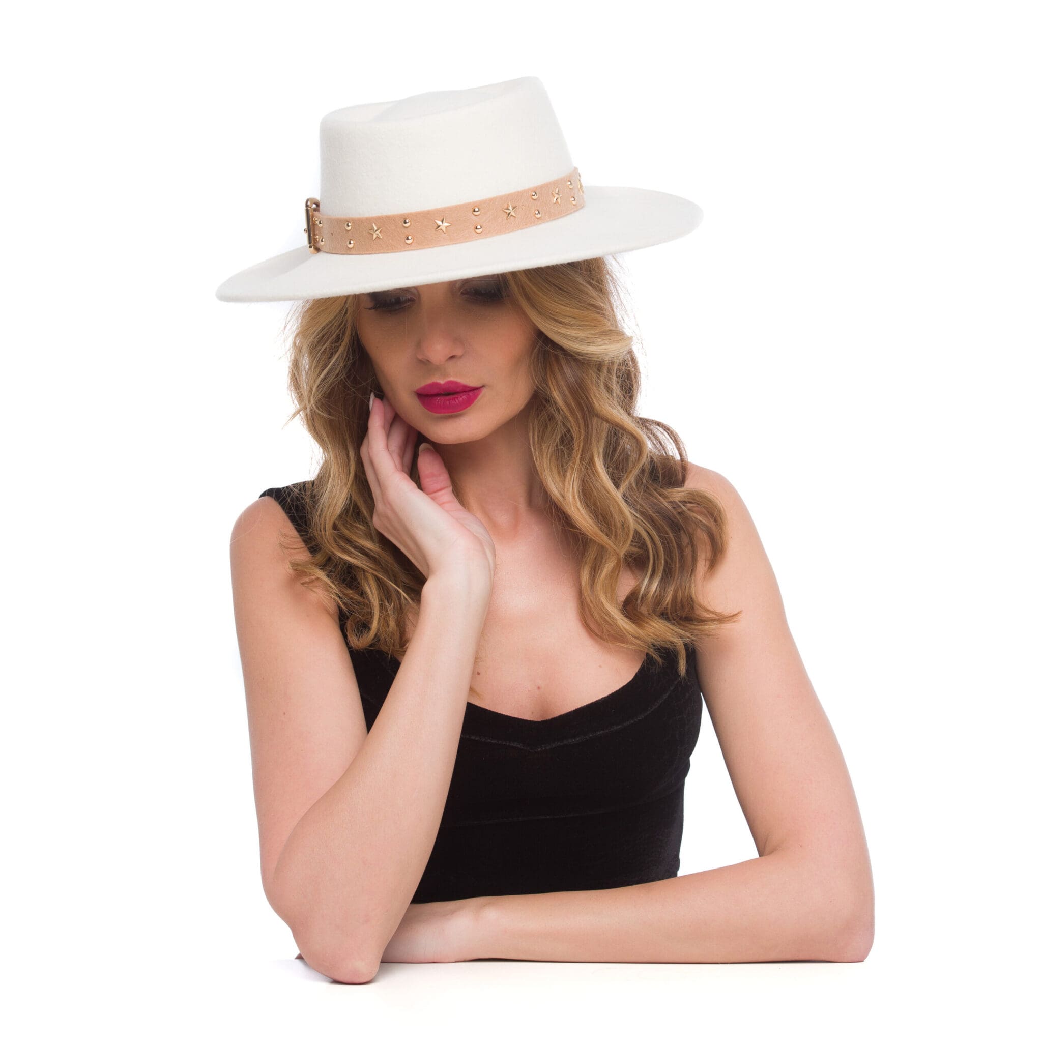 Palarie Wild star belt bianco, alba, borul drept, fetru de lana