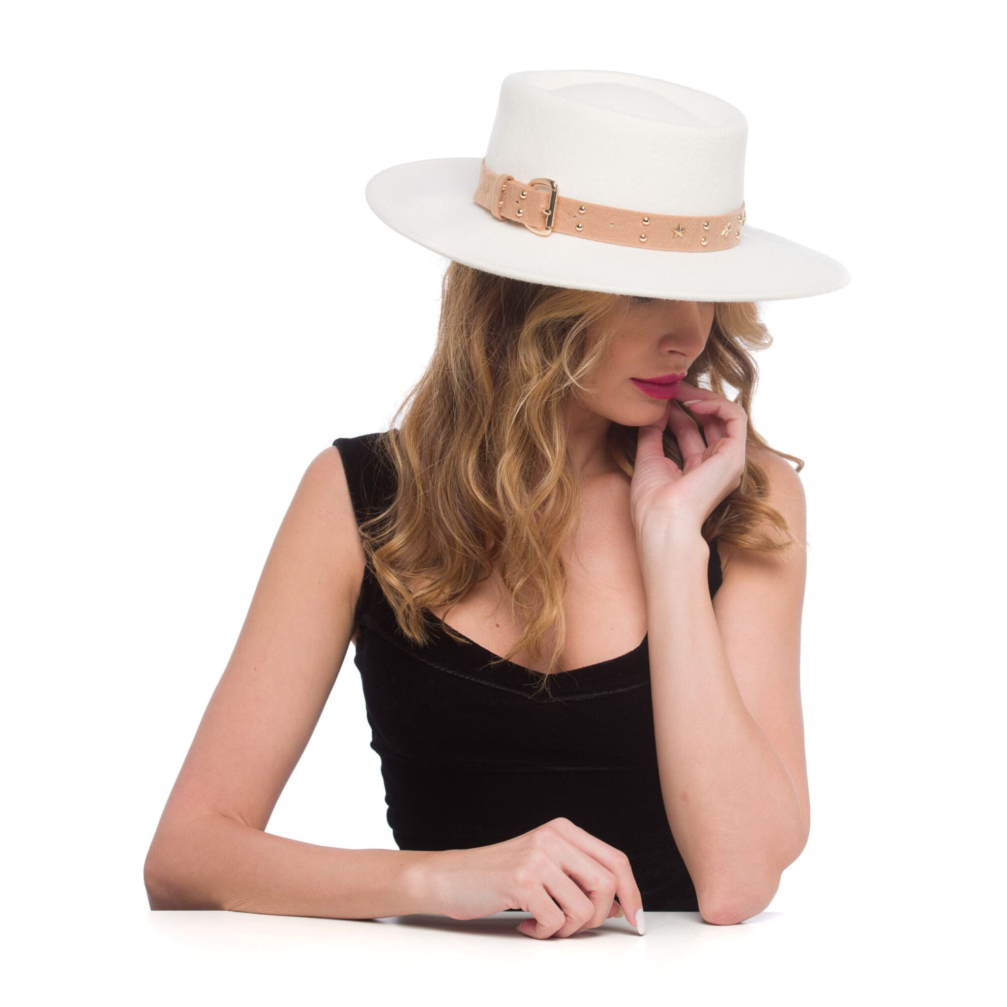 Palarie Wild star belt bianco, alba, borul drept, fetru de lana