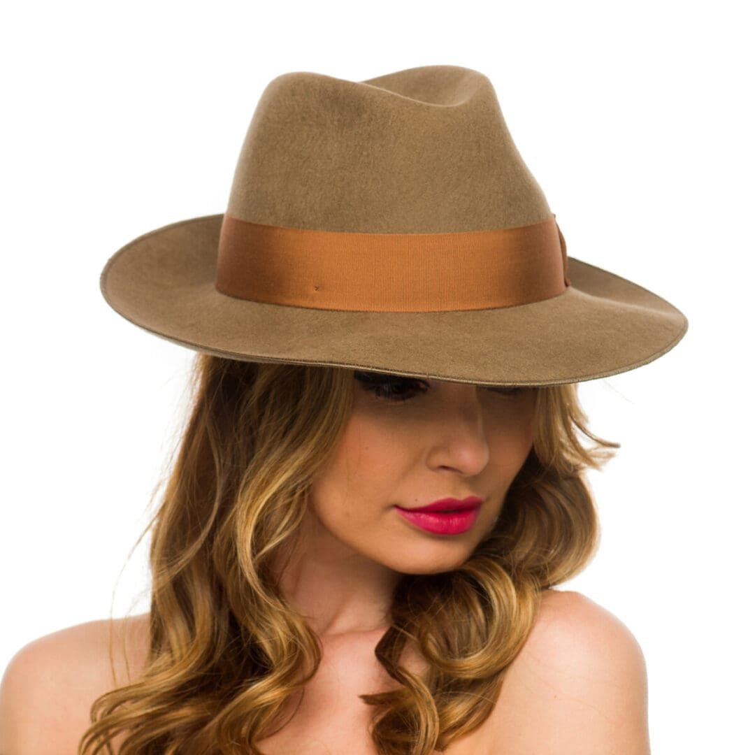 Palarie dama King beige/m, maro, bor mediu, fetru de lana