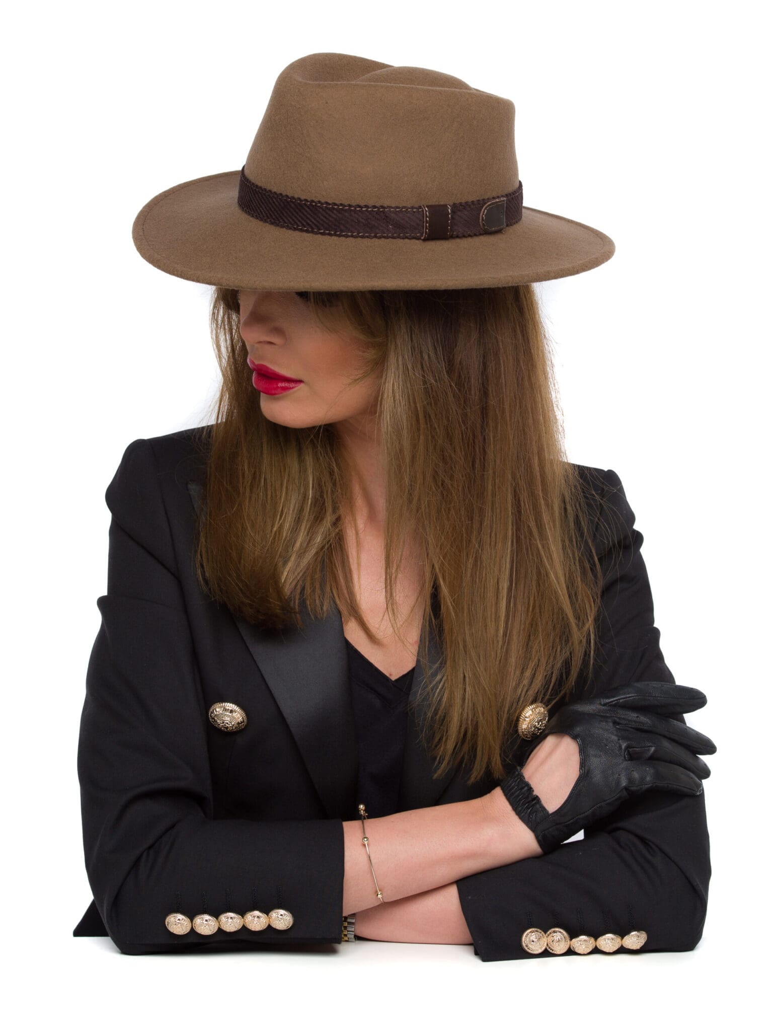 Palarie dama, Casablanca beige, maro/crem, bor mediu, fetru de lana