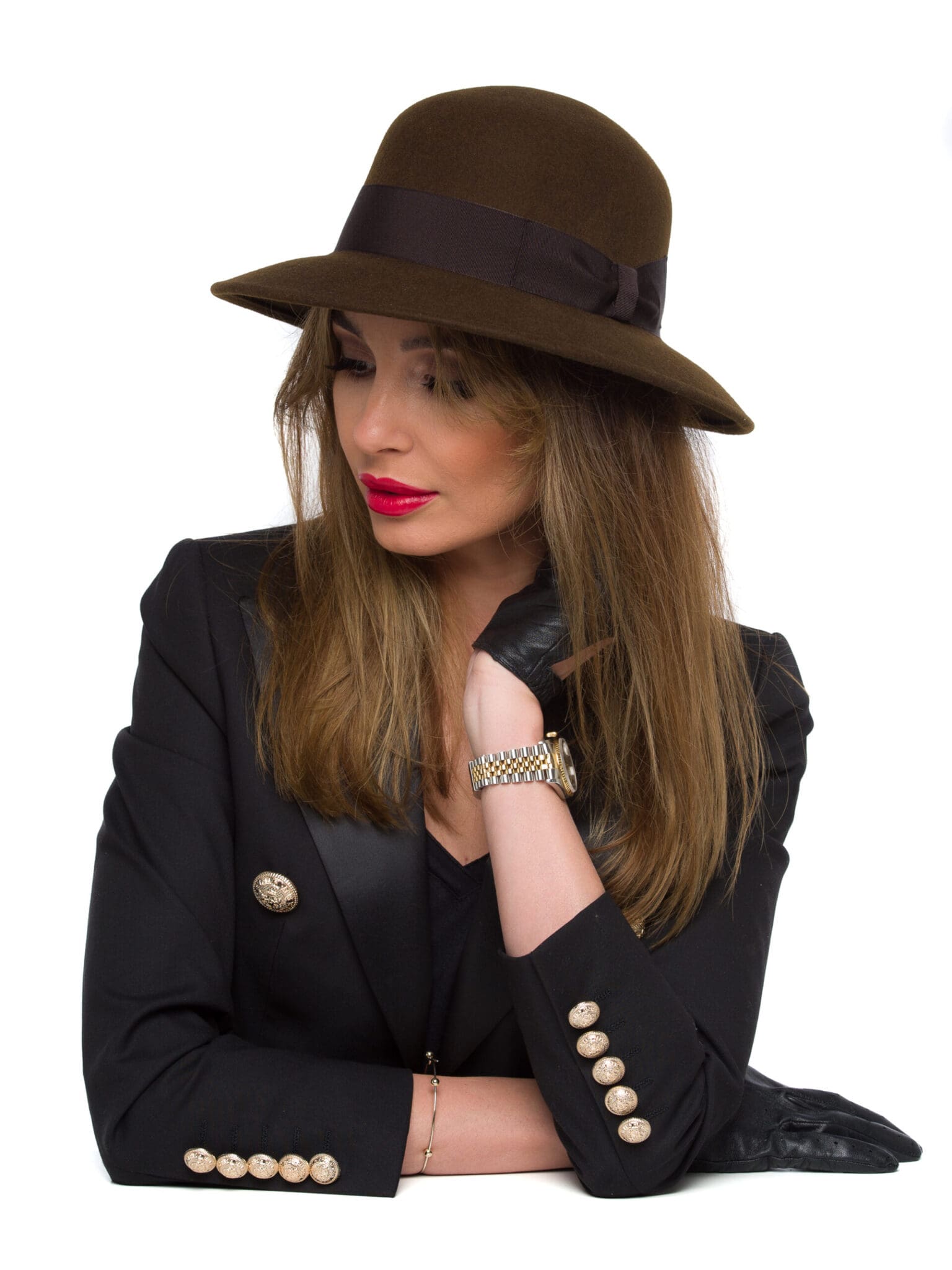 Palarie dama Palarie Jackline fetru marrone, maro, bor mediu, fetru de lana