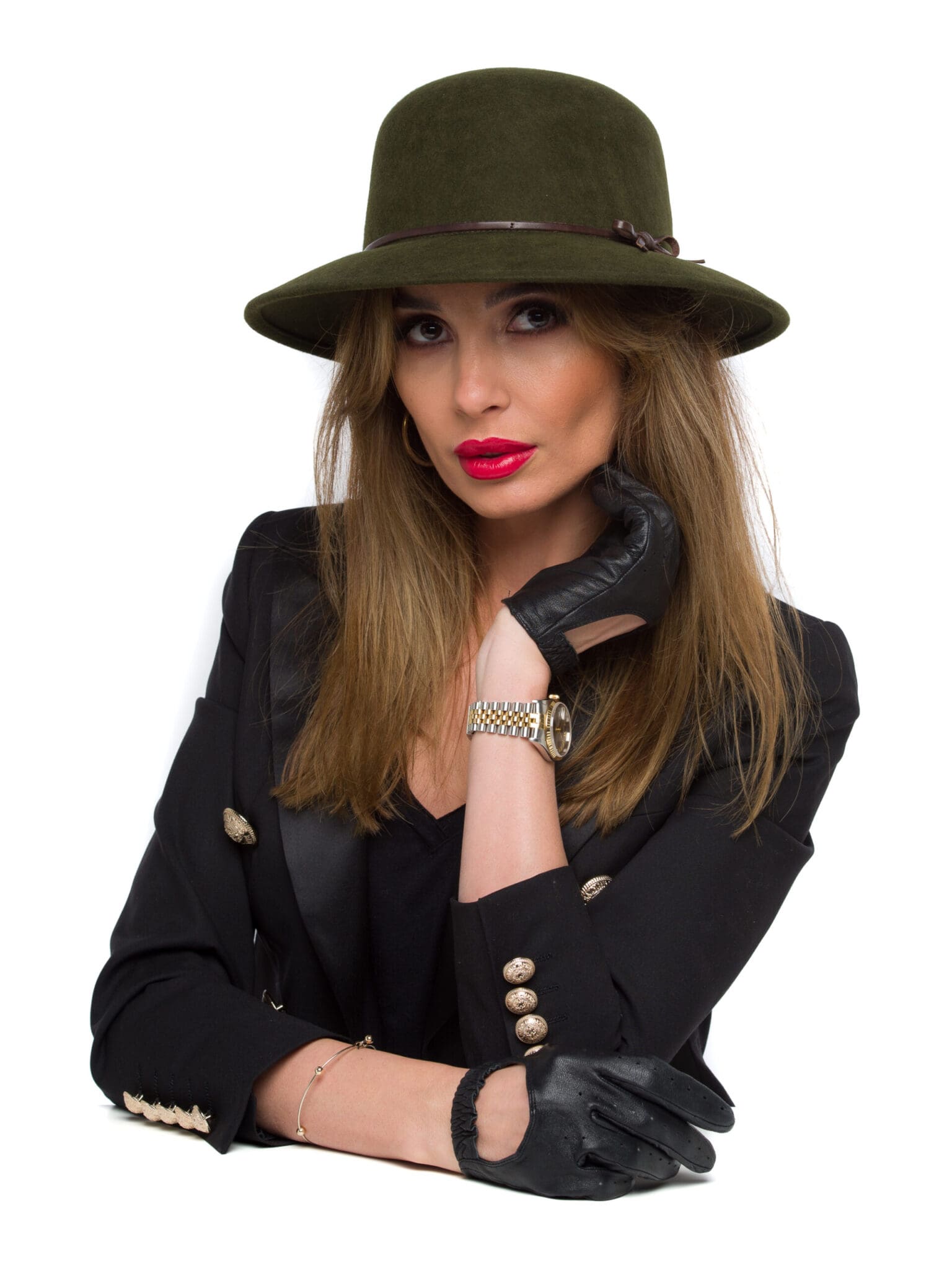 Palarie dama Jackline fetru bosco, verde, bor mediu, fetru de lana