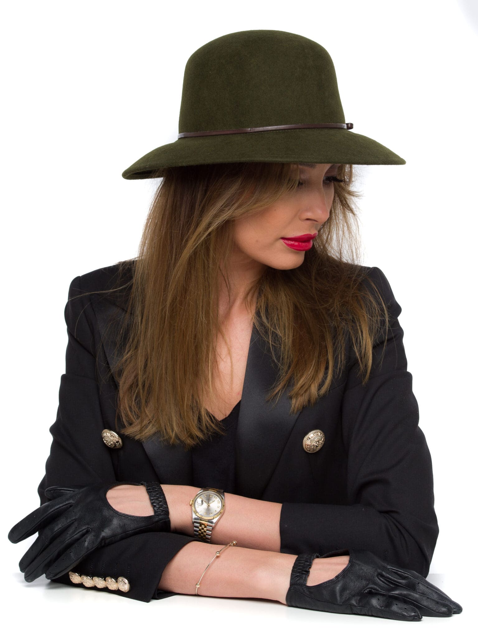 Palarie dama Jackline fetru bosco, verde, bor mediu, fetru de lana
