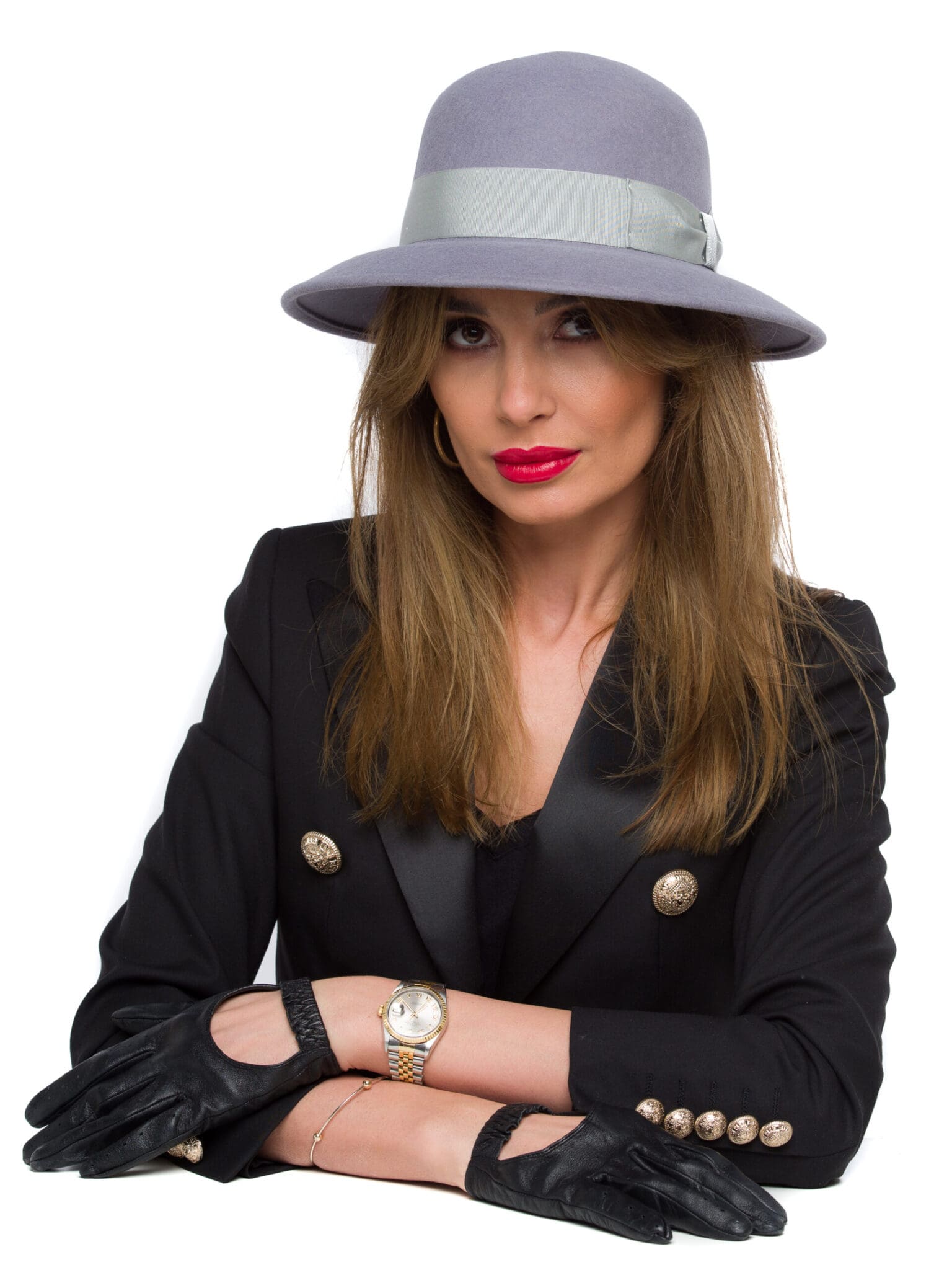 Palarie dama Jackline fetru perla, gri deschis, bor mediu, fetru de lana