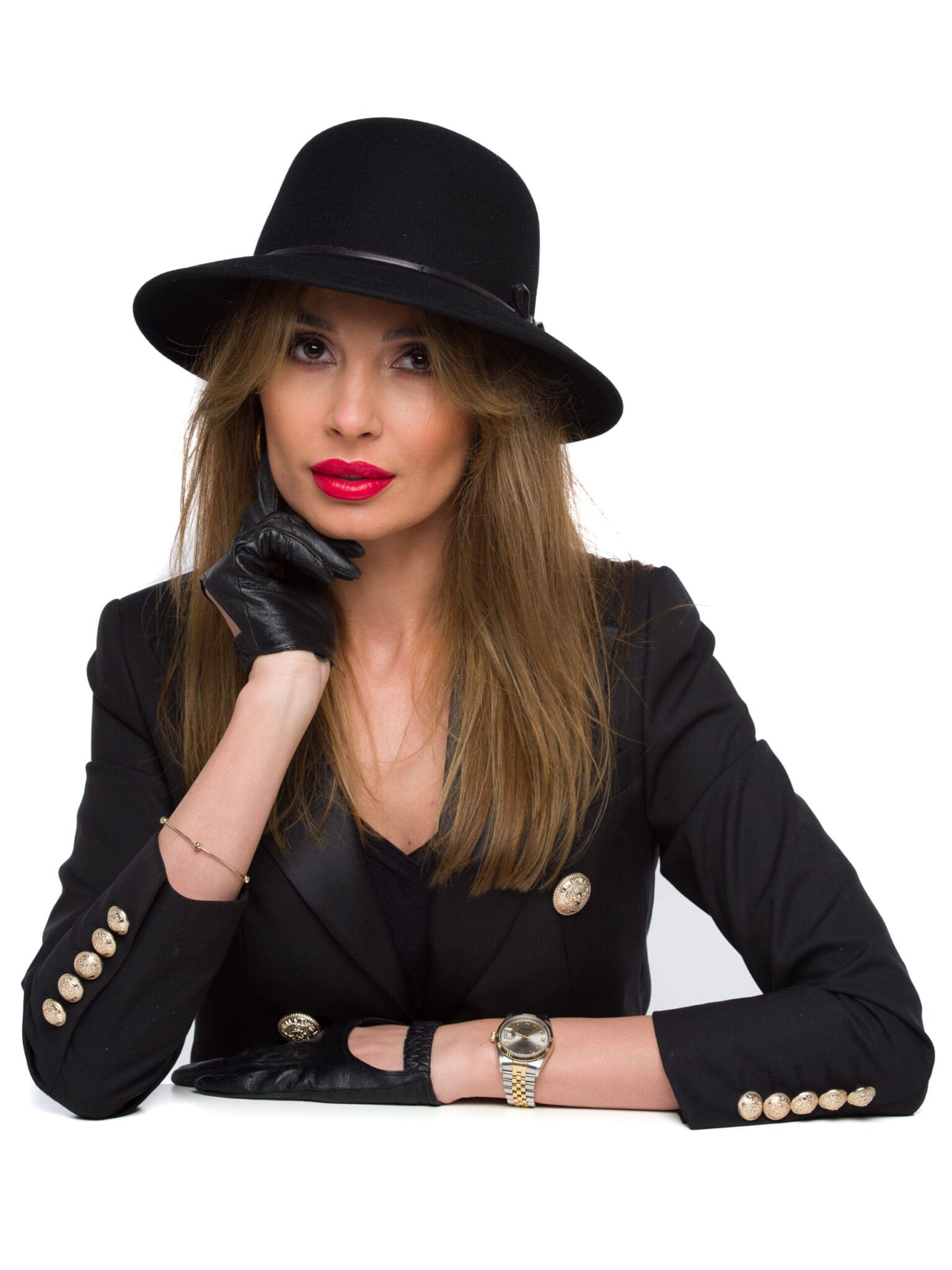 Palarie dama Jackline fetru nero cint, neagra, bor mediu, fetru de lana