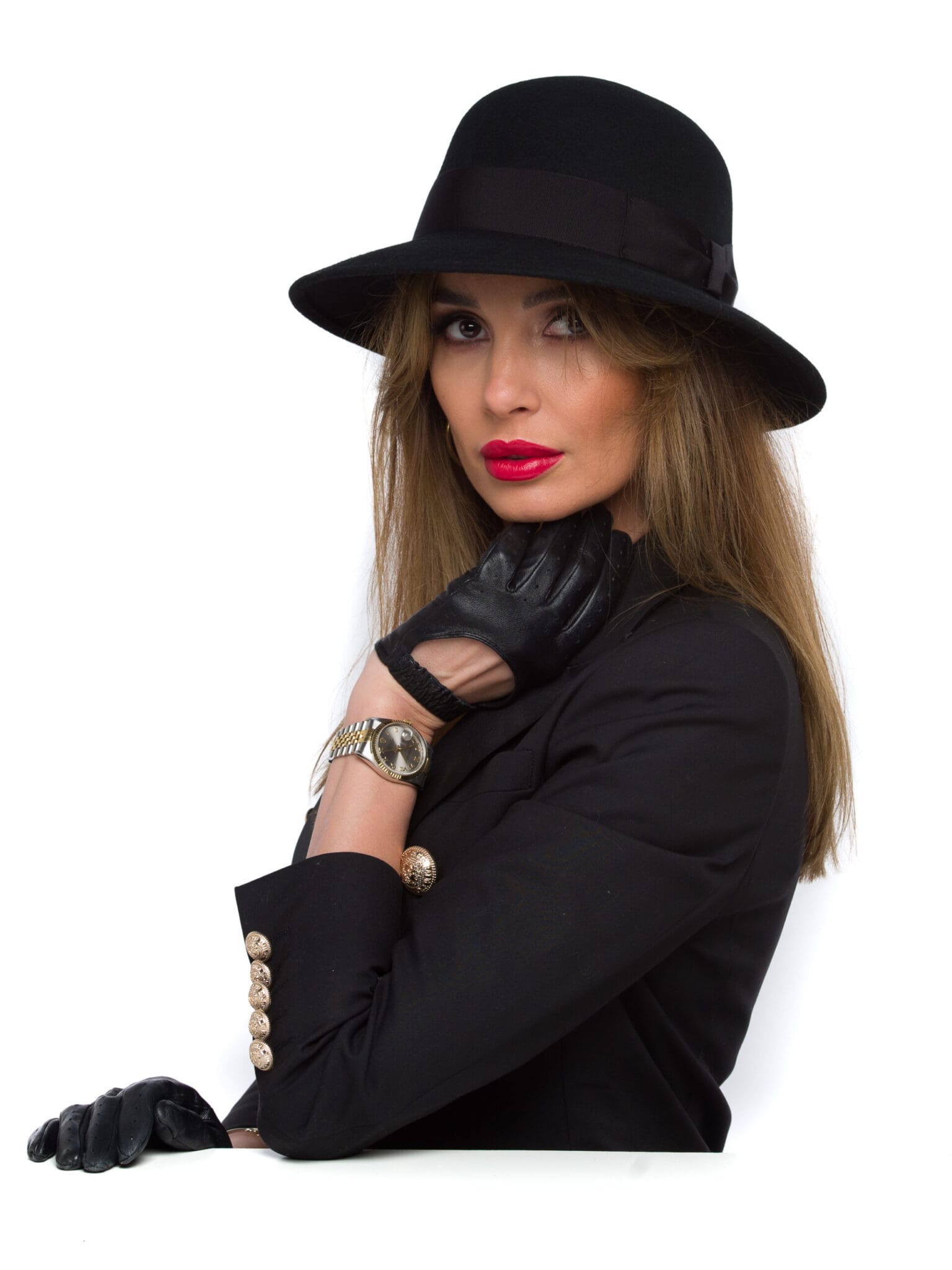 Palarie dama Jackline fetru nero, neagra, bor mediu, fetru de lana