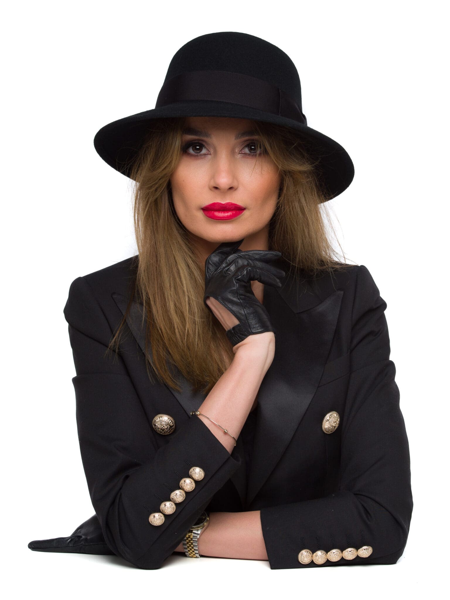 Palarie dama Jackline fetru nero, neagra, bor mediu, fetru de lana