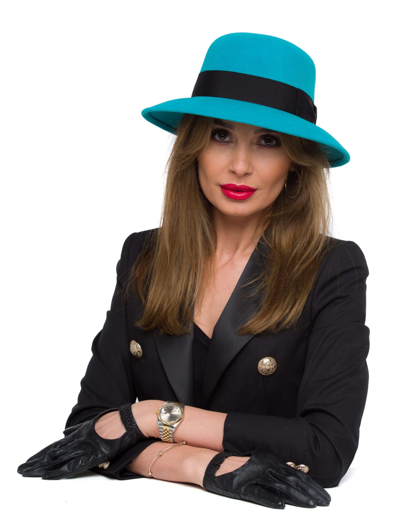 Palarie dama Jackline velour turchese, turcoaz, bor mediu, velour de iepure