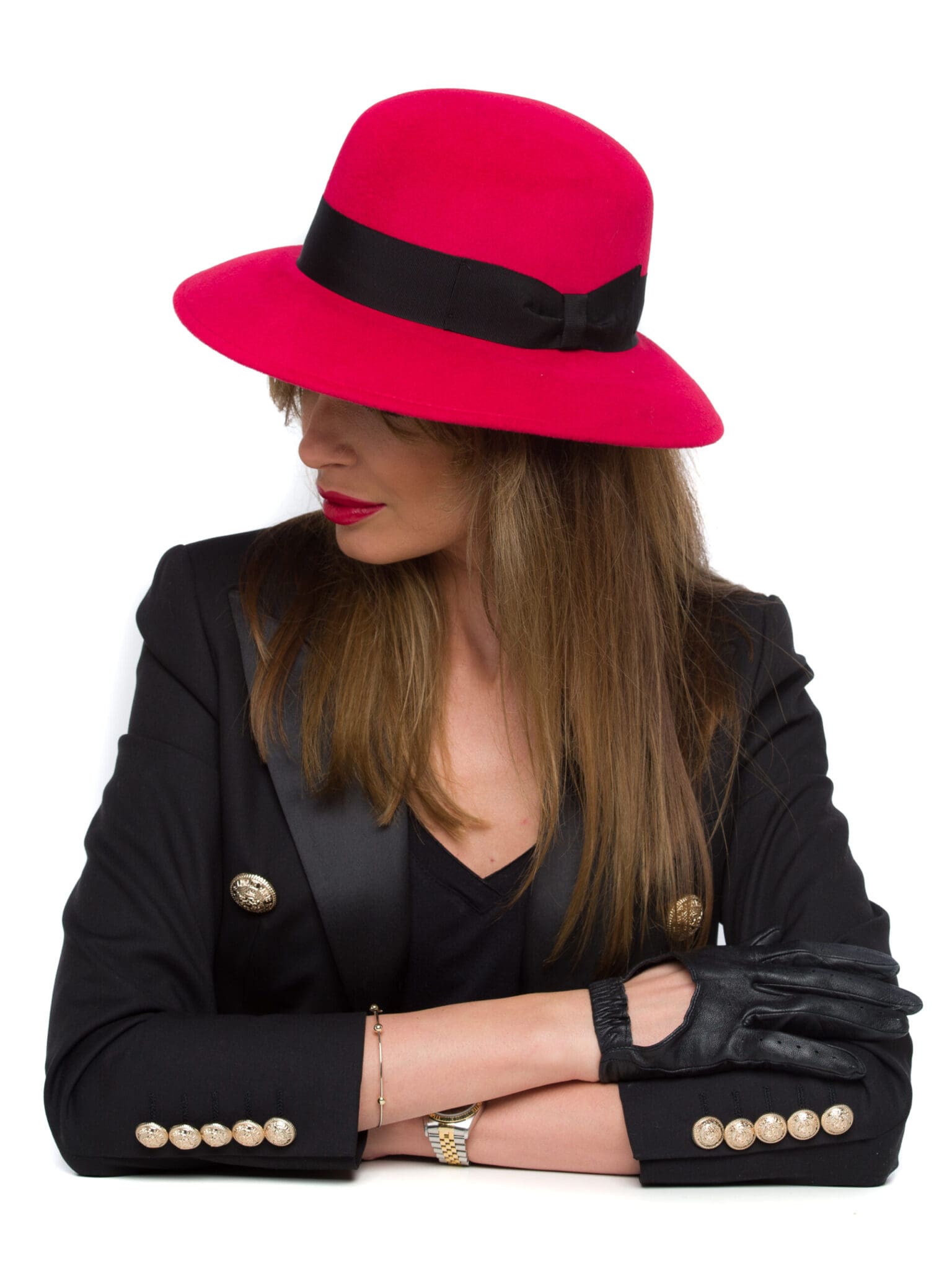 Palarie dama Jackline velour rosso, roșie, bor mediu, velour de iepure