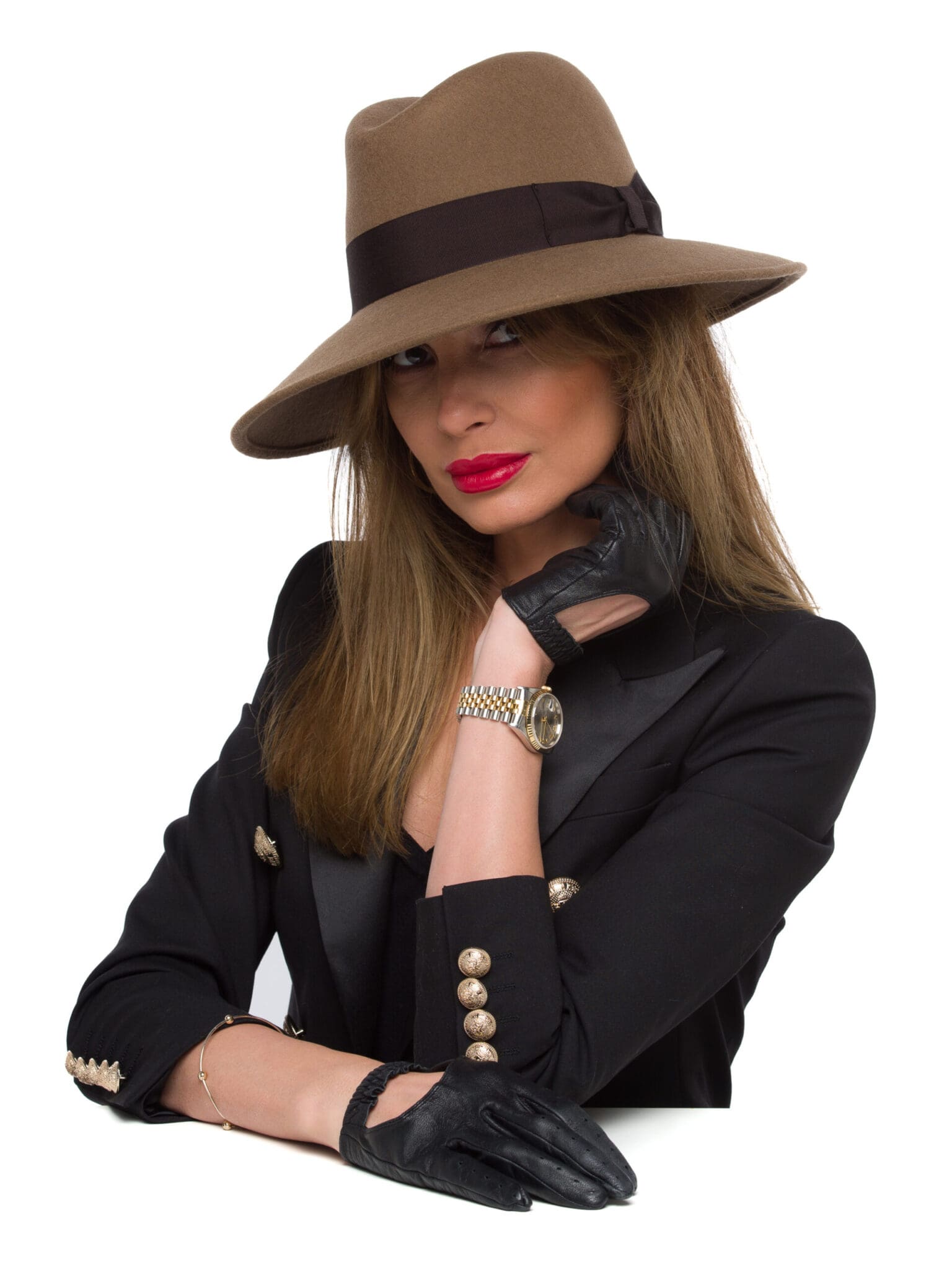 Palarie dama Jade fetru beige, bor mediu, fetru de lana