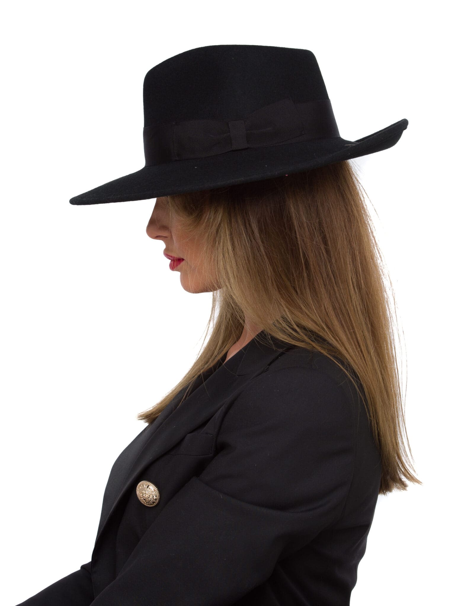 Palarie dama Capri fetru nero, neagra, bor mediu, fetru de lana
