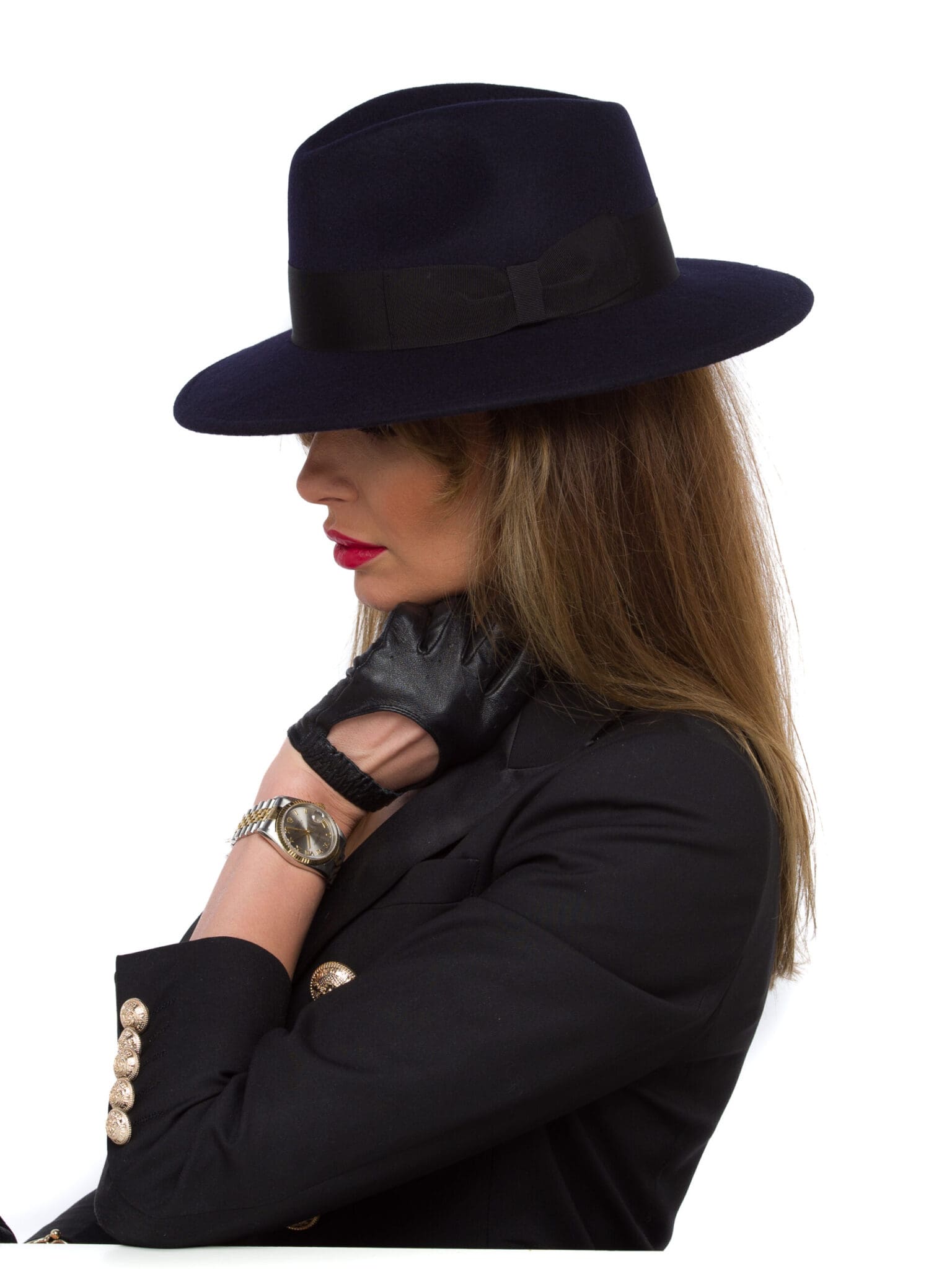 Palarie dama Monaco fetru blu, albastra, bor mediu, fetru de lana