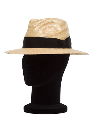 Palarie Monaco paie nat/nero, coroana fedora, paie naturale