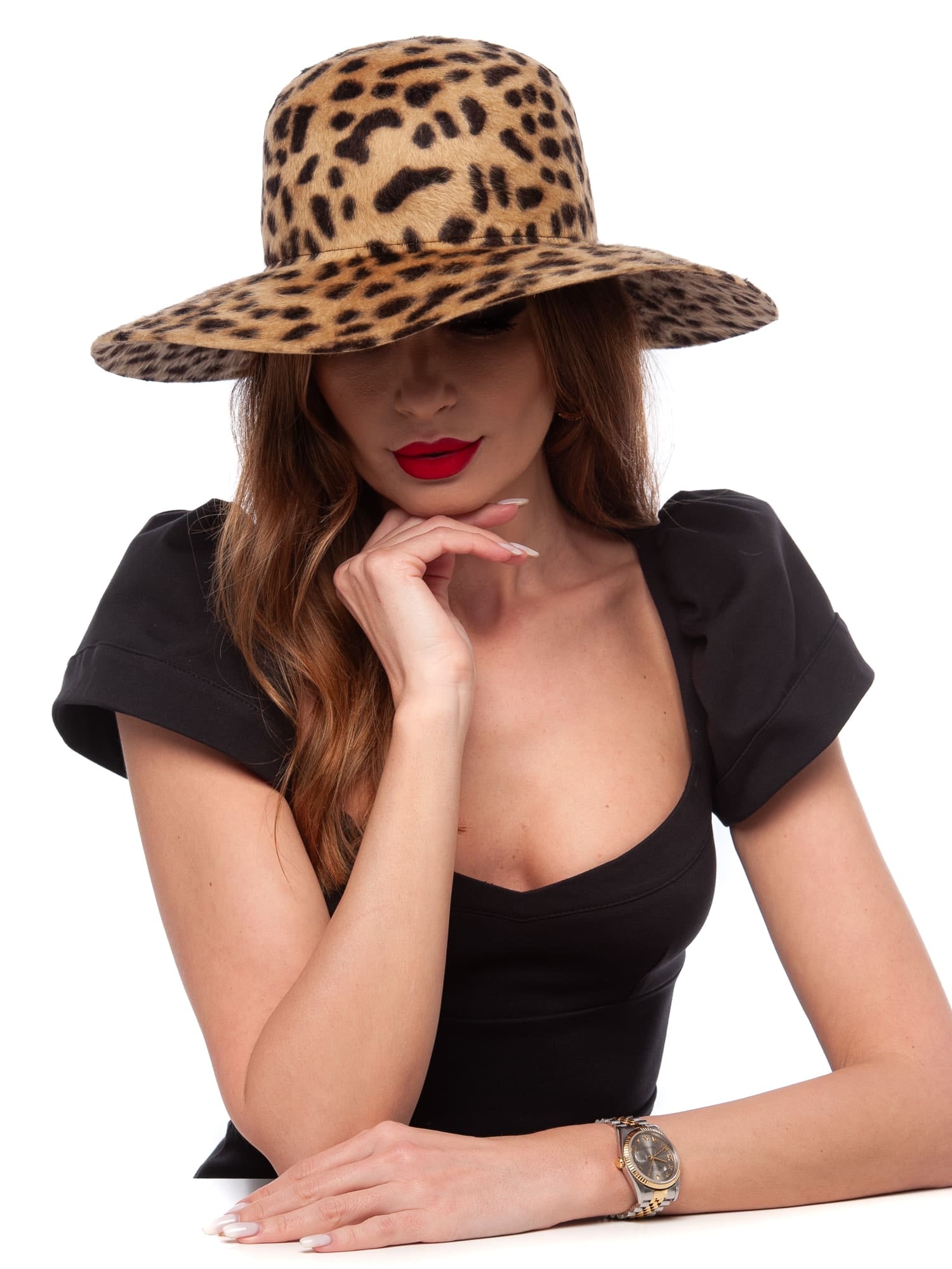 Palarie dama, Maria medium leopard, animal print, bor mare, melusina de iepure