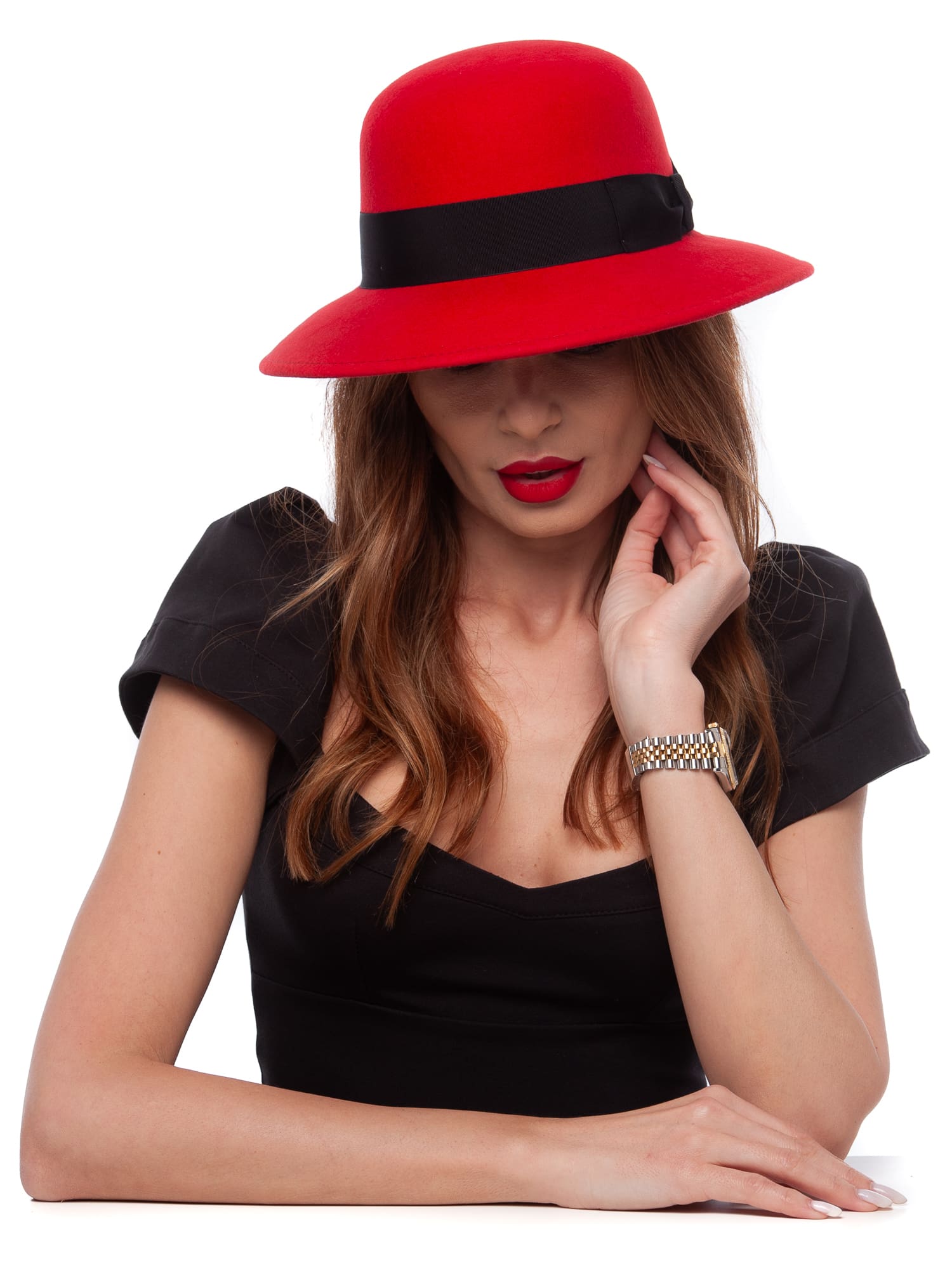 Palarie dama Jackline fetru rosso, rosu, bor mediu, fetru de lana