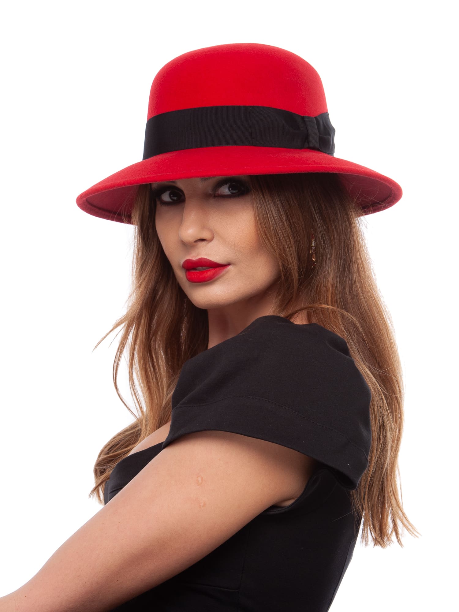 Palarie dama Jackline fetru rosso, rosu, bor mediu, fetru de lana