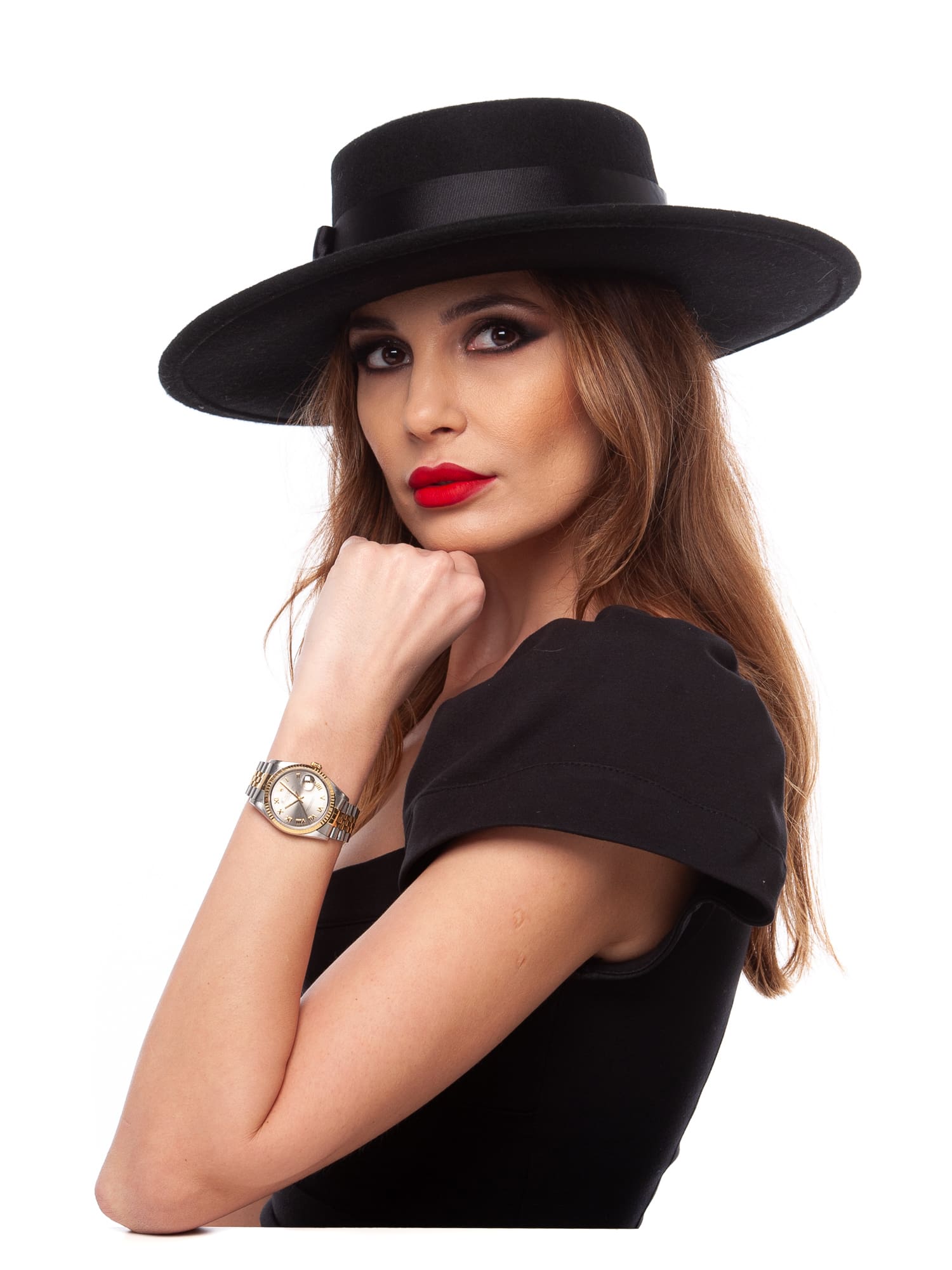 Palarie dama Fly big fetru nero, neagra, bor mediu spre mare, fetru de lana