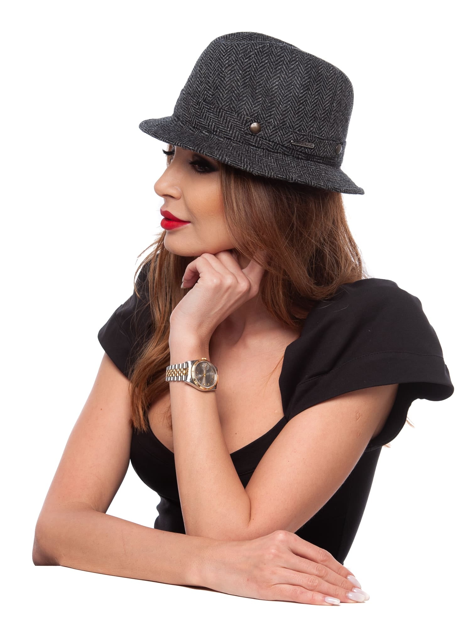 Palarie dama Sherlock grigio, gri, textura fina, lana