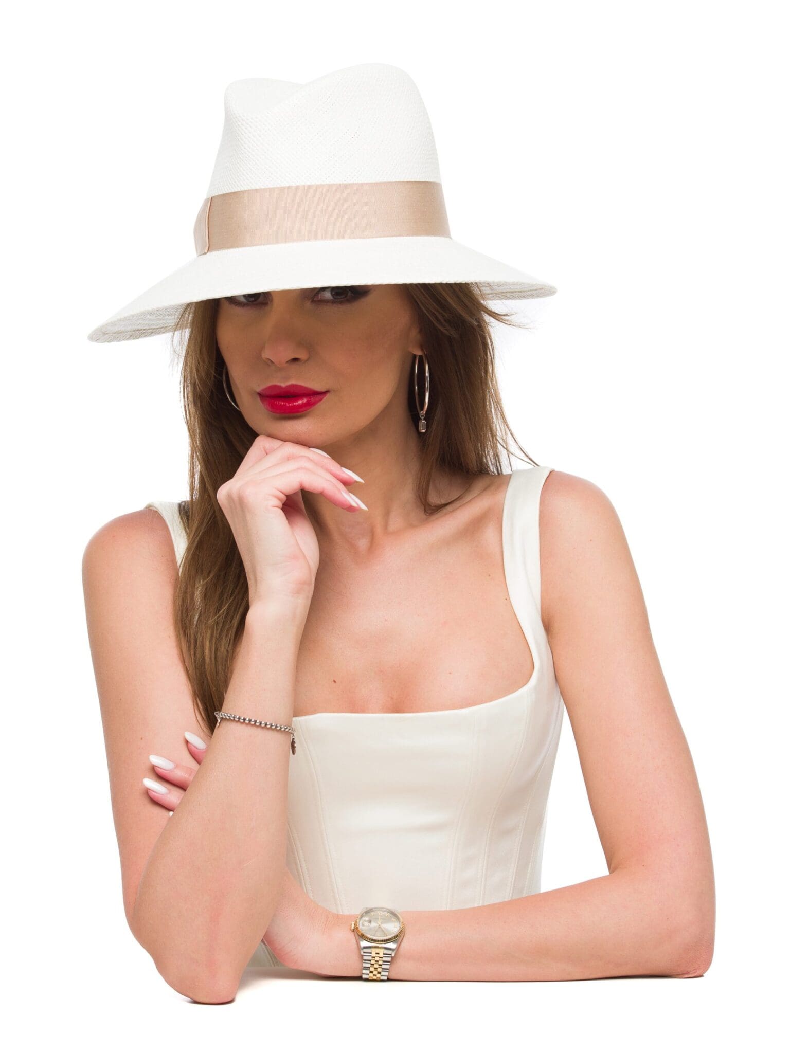 Palarie dama, Panama Jade b/beige, alba, din paie toquilla