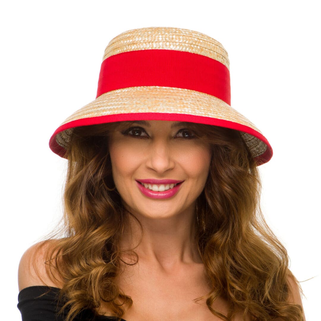 Palarie dama Laura nat/rosso, natural/rosie, bor mediu lasat, paie naturale