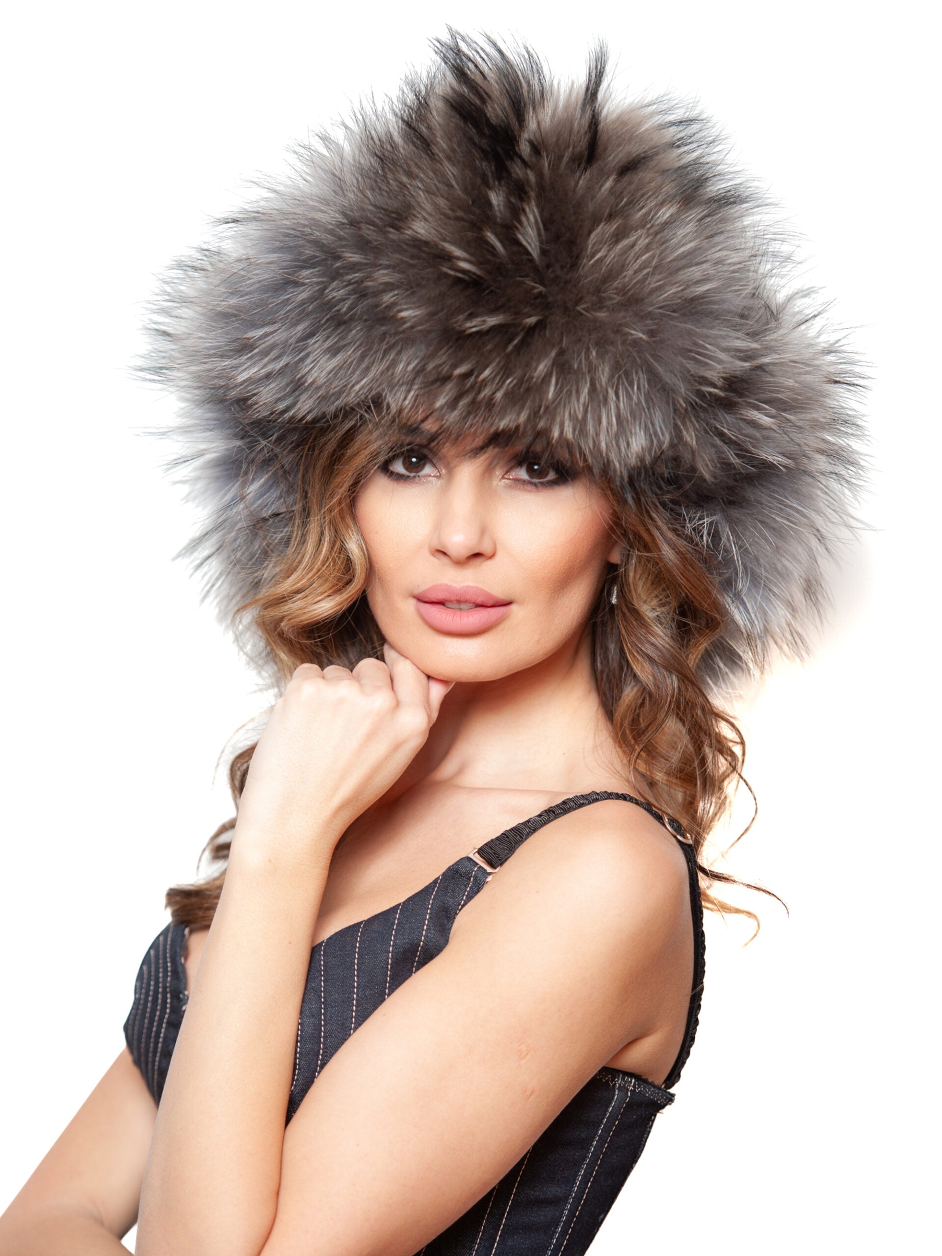 Caciula Moritz black nappa grey fox, cu blana de vulpe argintie