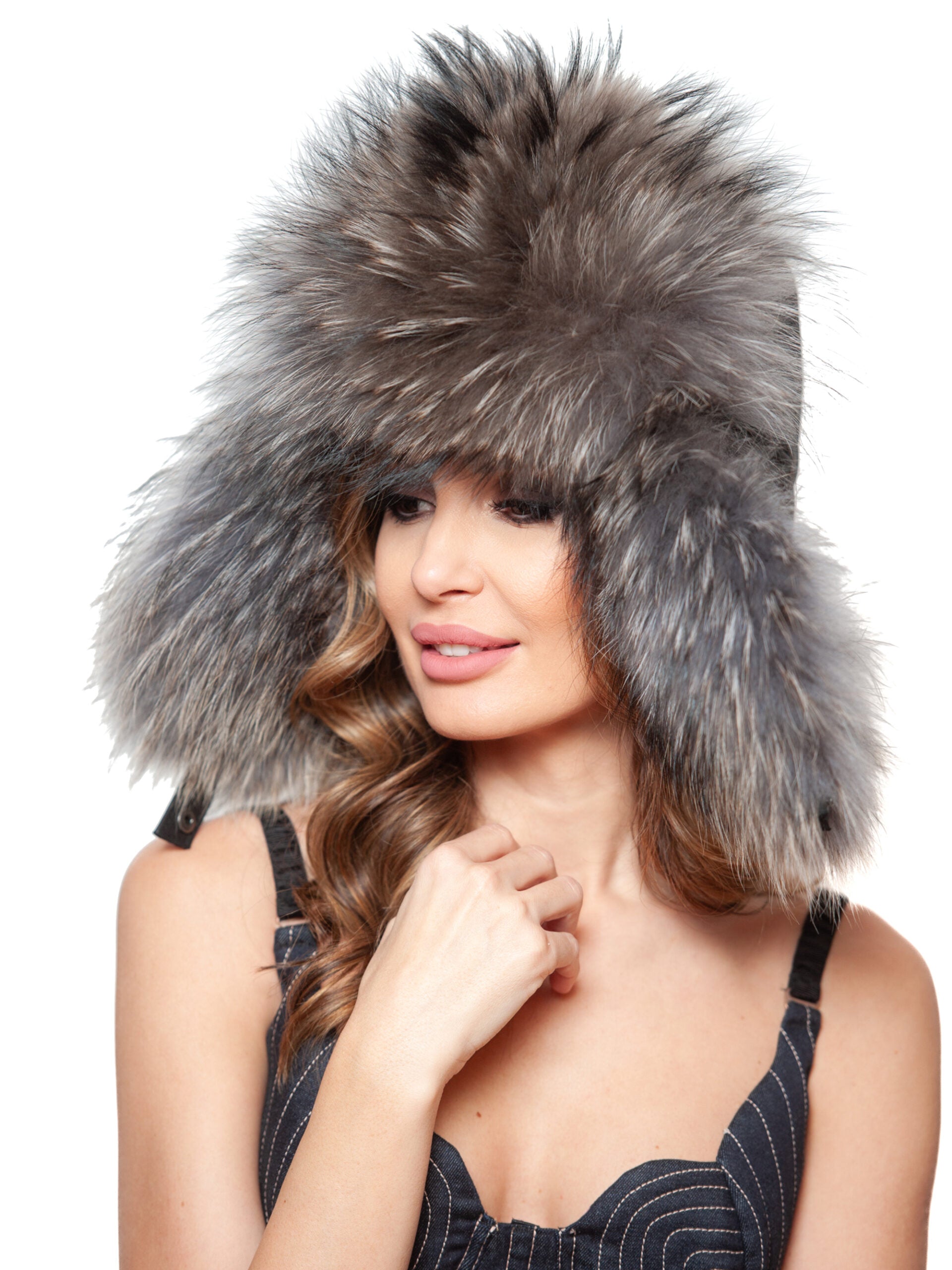 Caciula Moritz black nappa grey fox, cu blana de vulpe argintie