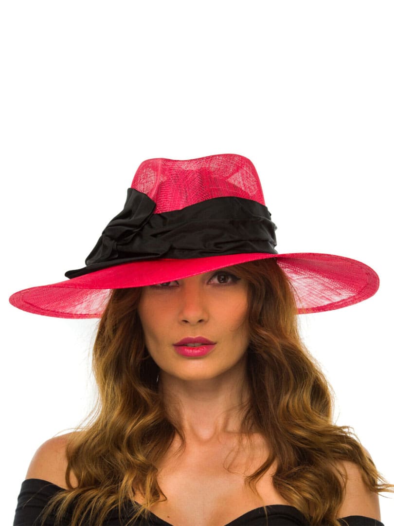 Palarie dama Clara corallo/nero, coral/neagra, bor usor in cadere, sisal