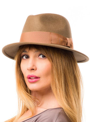 Palarie dama Mojo beige, maro deschis, bor mediu, fetru de lana