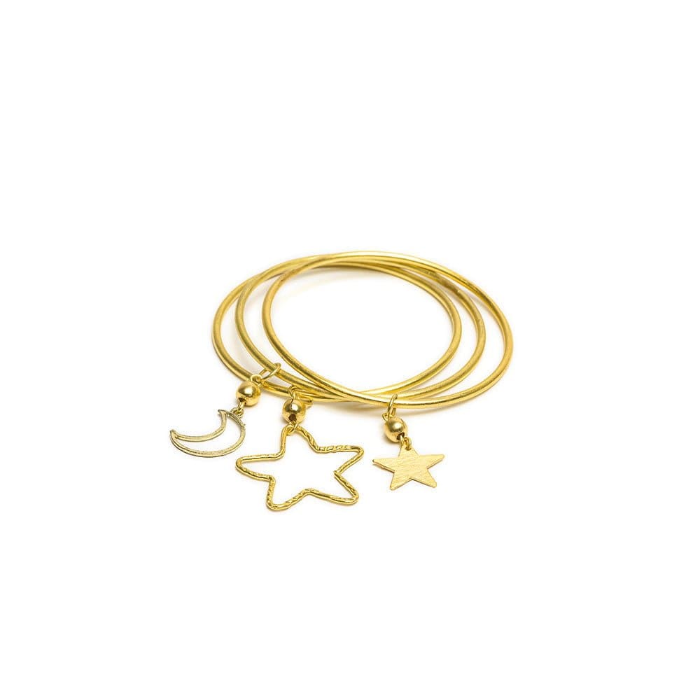 Set 3 bratari Bangle 3 pz notte cu luna, stea mare si stea mica, aurii, nichel testat
