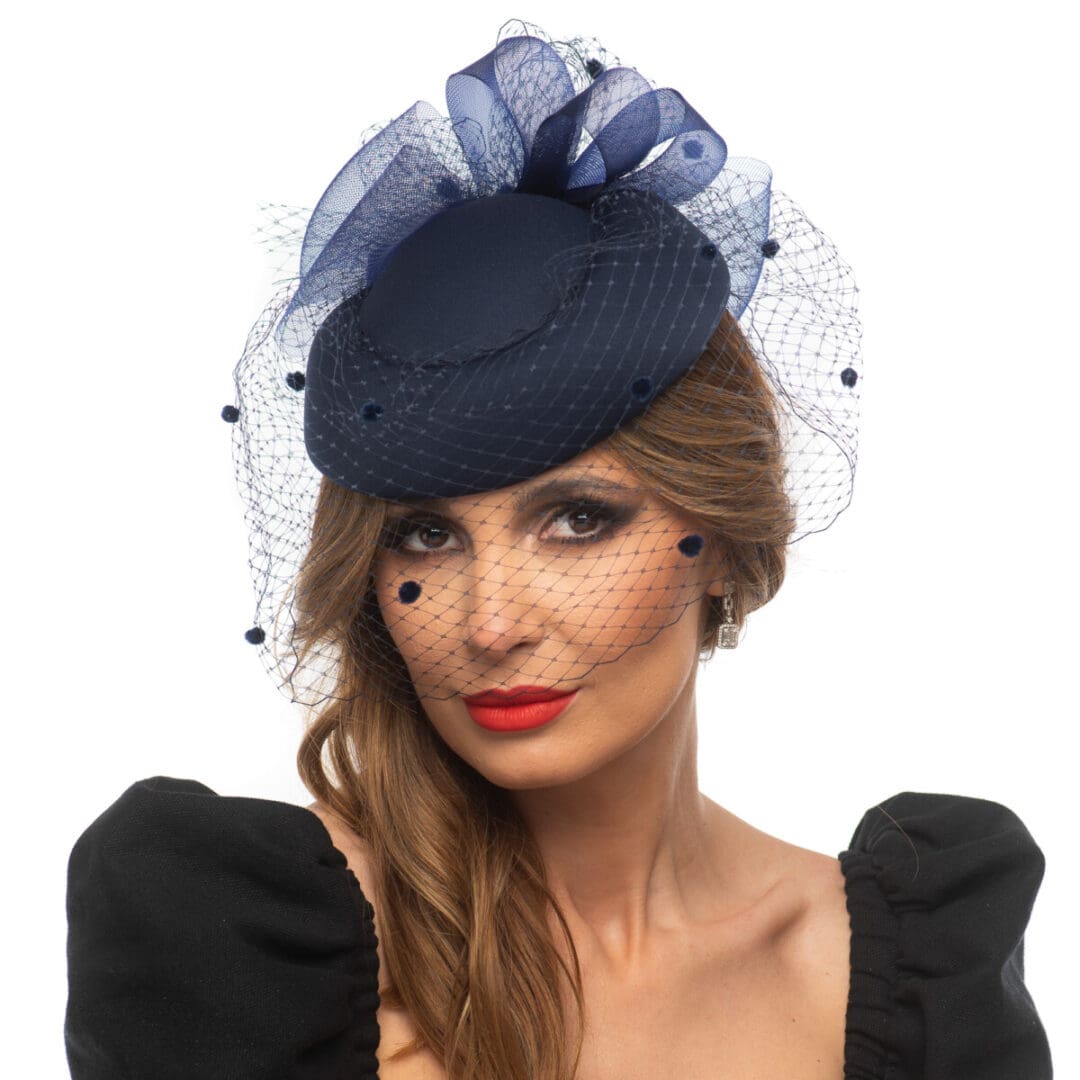 Toca raso blu, albastra inchis, cu voaleta, polyester