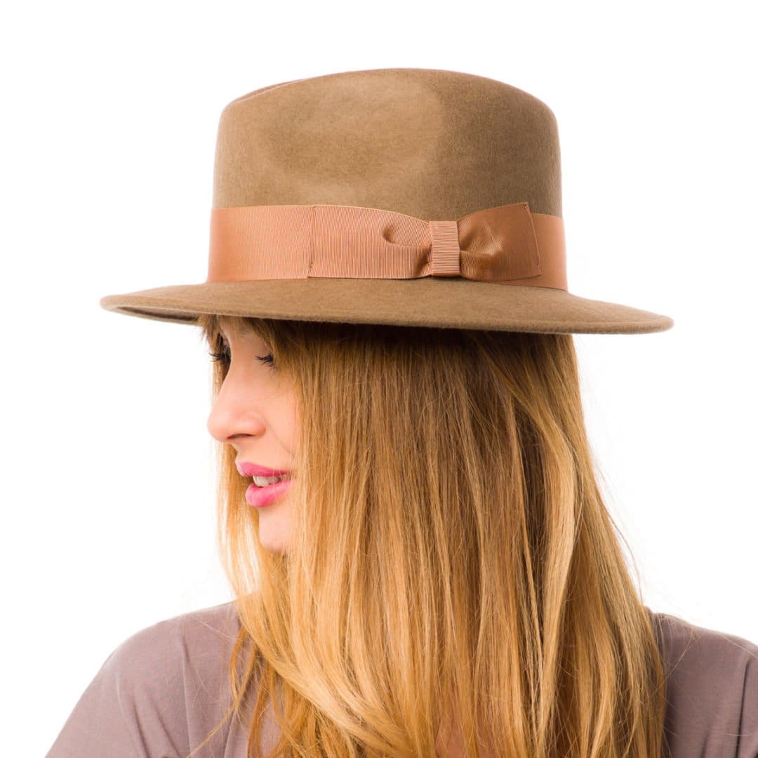 Palarie dama Mojo beige, maro deschis, bor mediu, fetru de lana