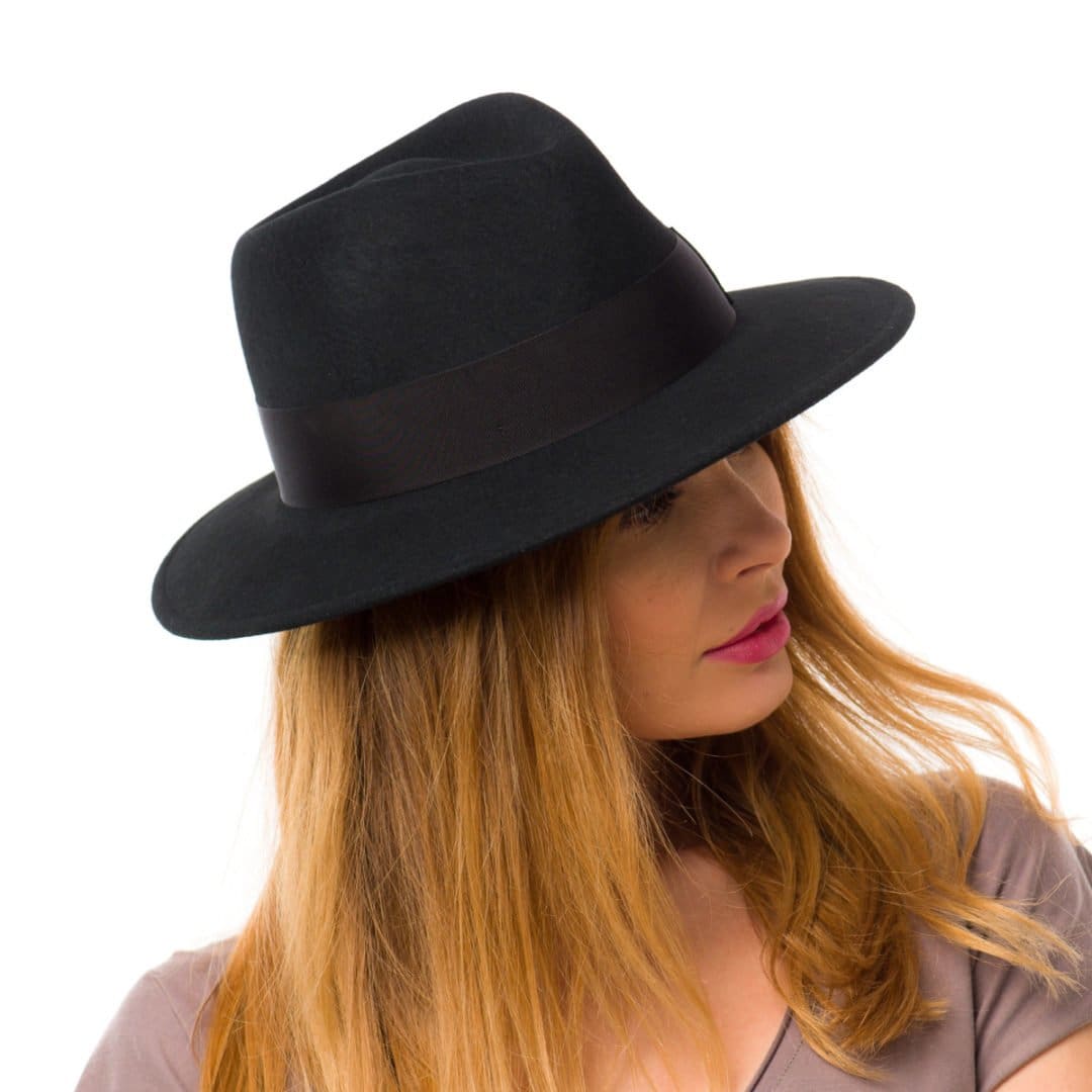 Palarie dama Merlin nero, neagra, bor mediu, fetru de lana