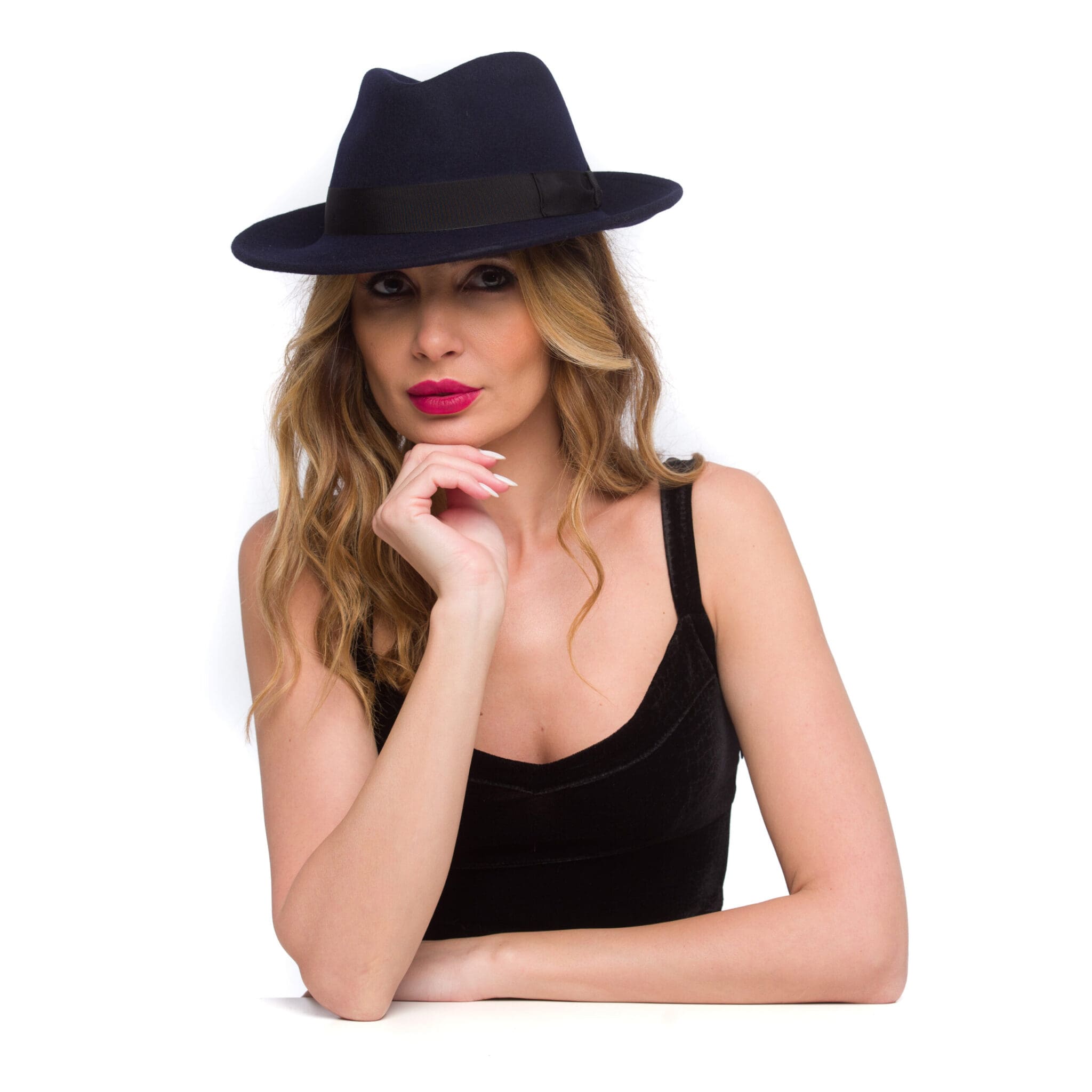 Palarie dama New York fetru blu, albastra, fetru de lana