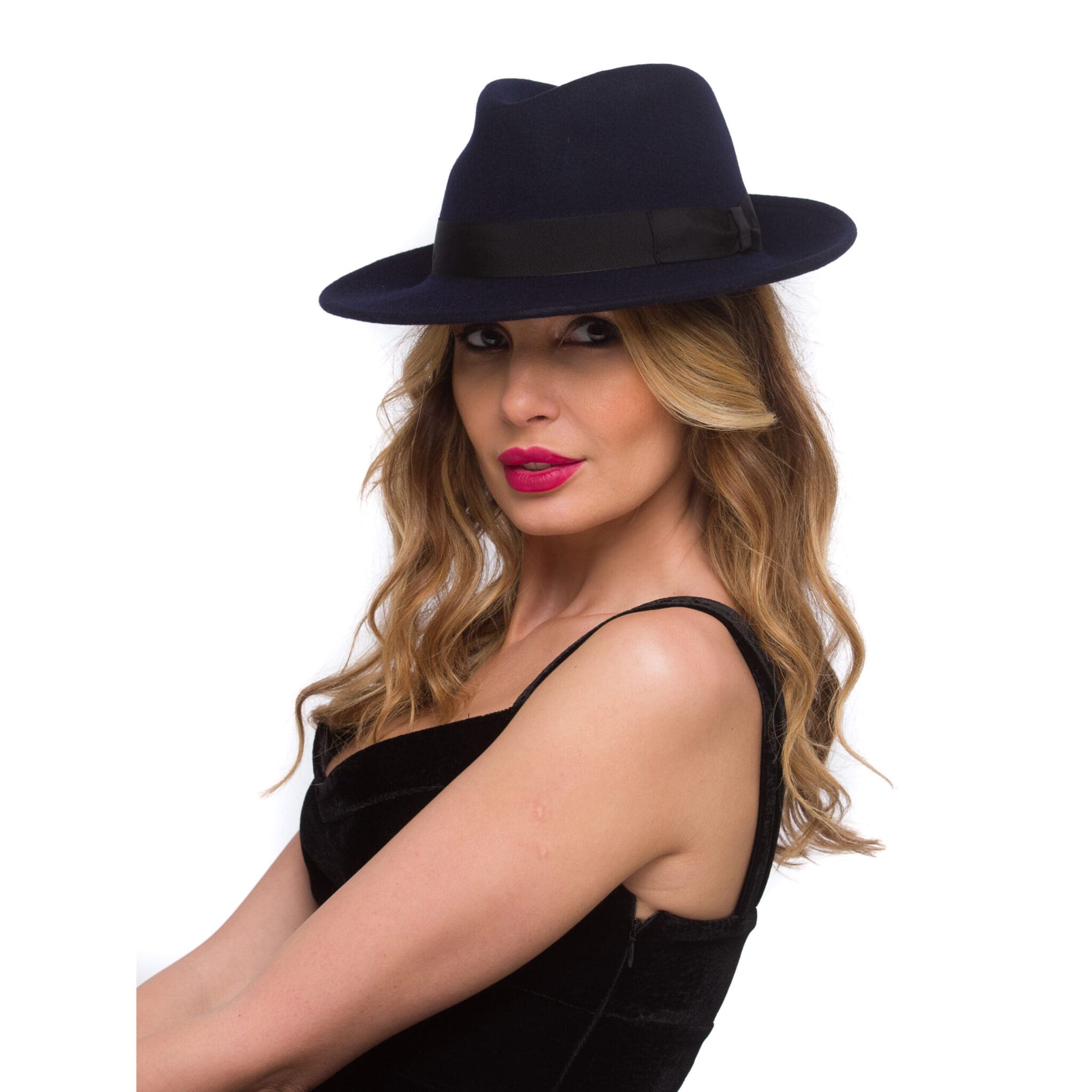 Palarie dama New York fetru blu, albastra, fetru de lana