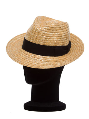 Palarie New York paie nat/nero, bor mediu, coroana fedora, din paie naturale