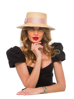Palarie dama Malina small nat/pink, natural/roz, bor mediu usor coborat, coroana dreapta, paie naturale