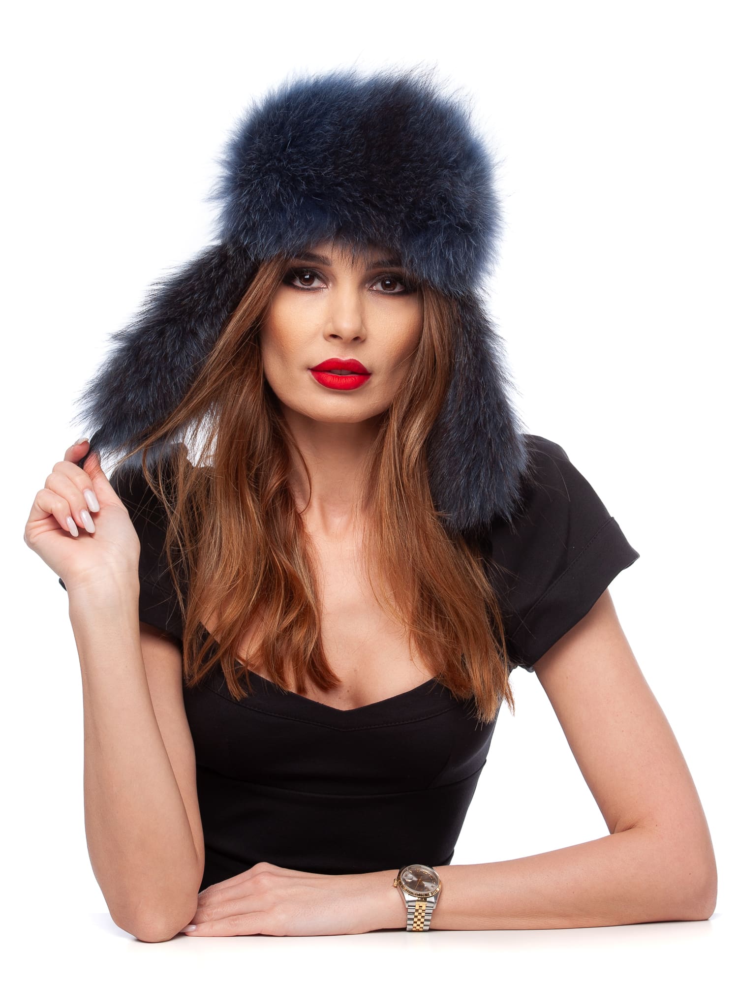 Caciula Moritz black suede, blue fox