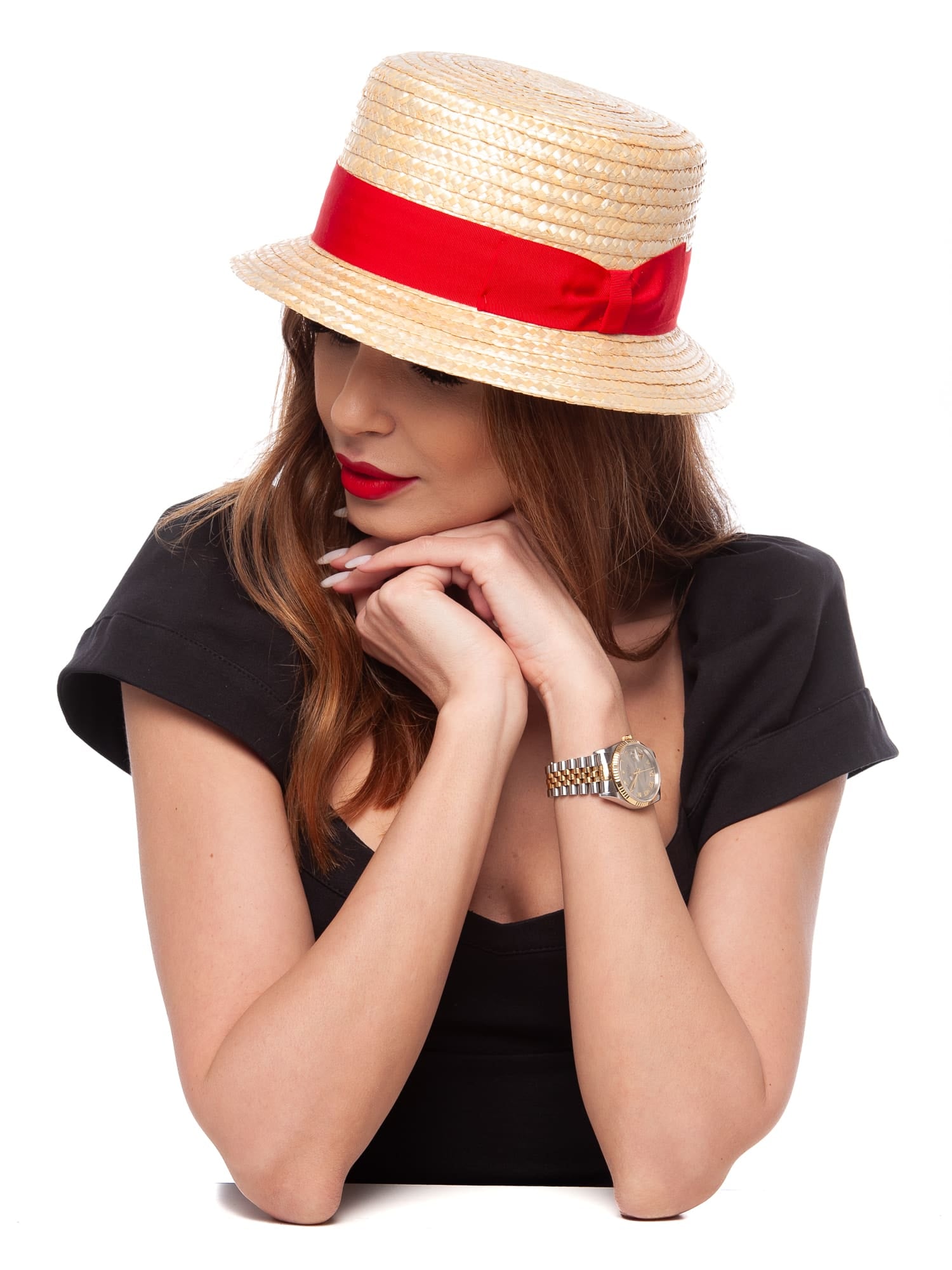 Palarie dama Lolita paie nat/rosso, rosu, paie naturale