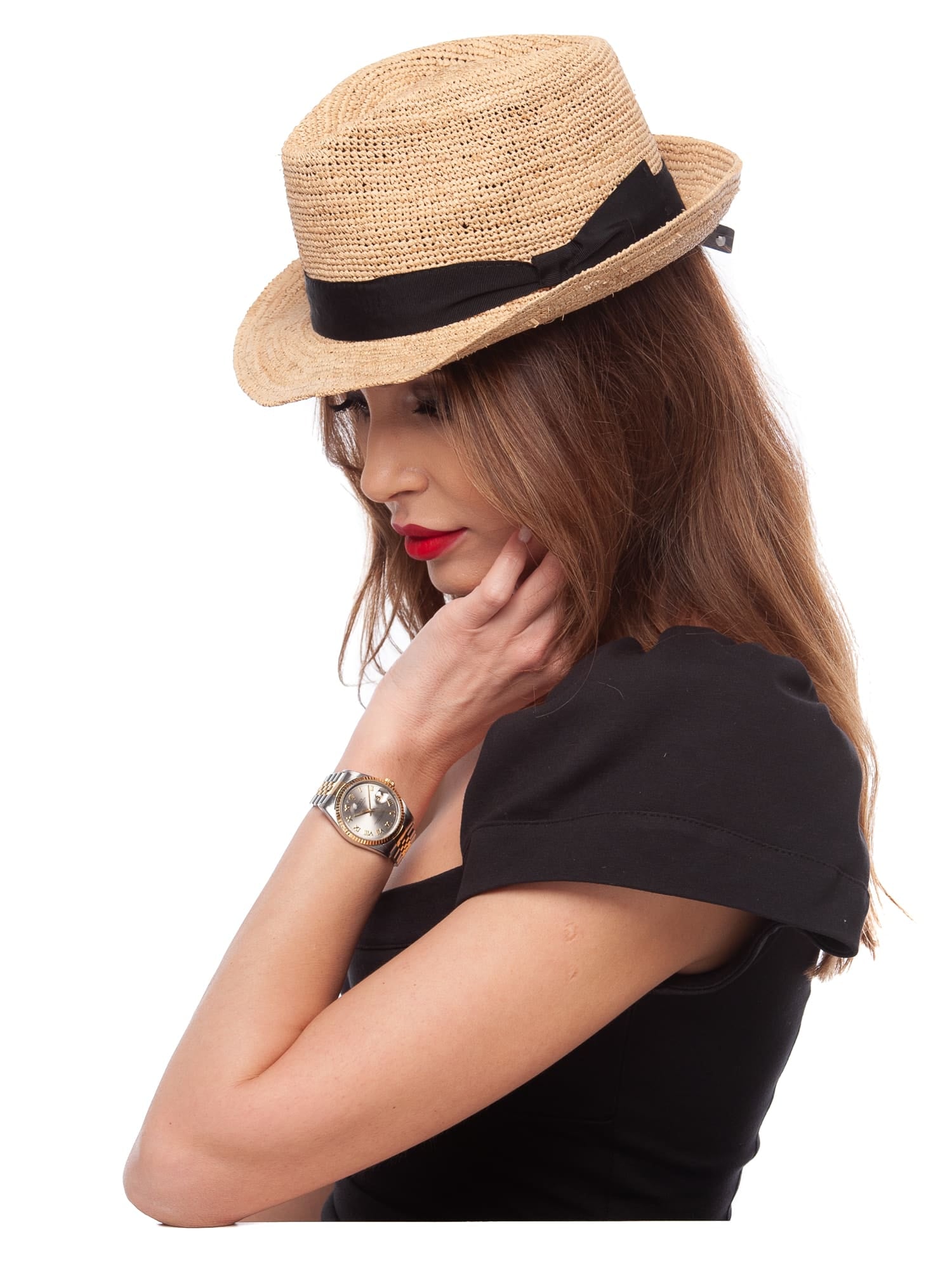 Palarie dama Troy rafia crochet, natural/negru