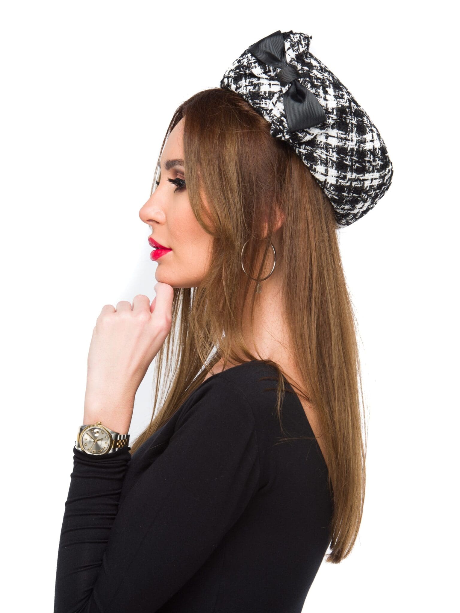 Thalia, in black and white tweed
