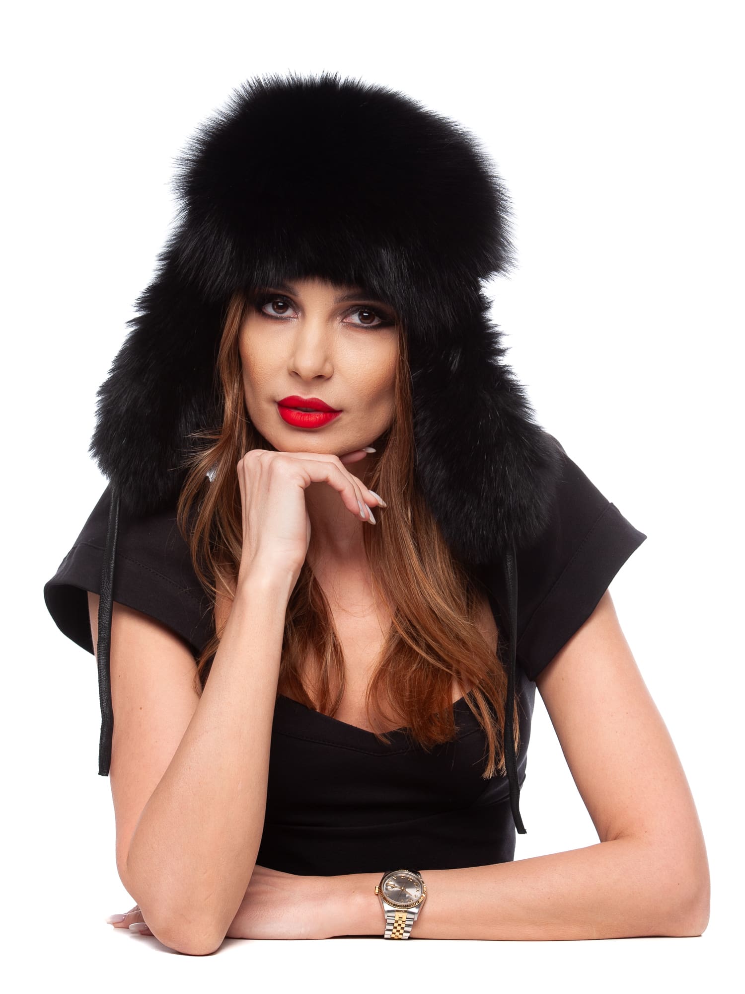 Caciula Moritz piele vulpe neagra, cu blana de vulpe neagra