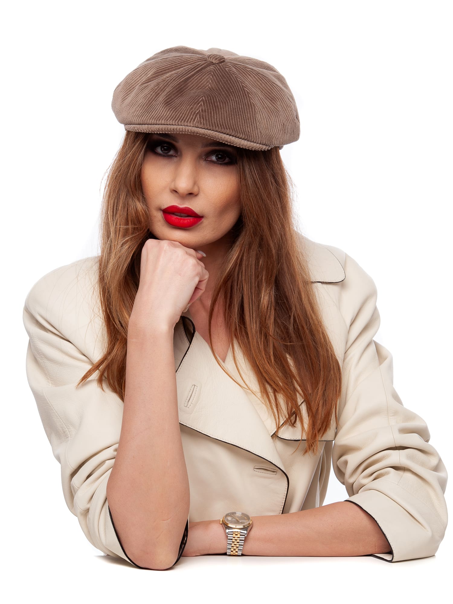 Sapca dama, Peaky velur beige, crem, textura fina, bumbac
