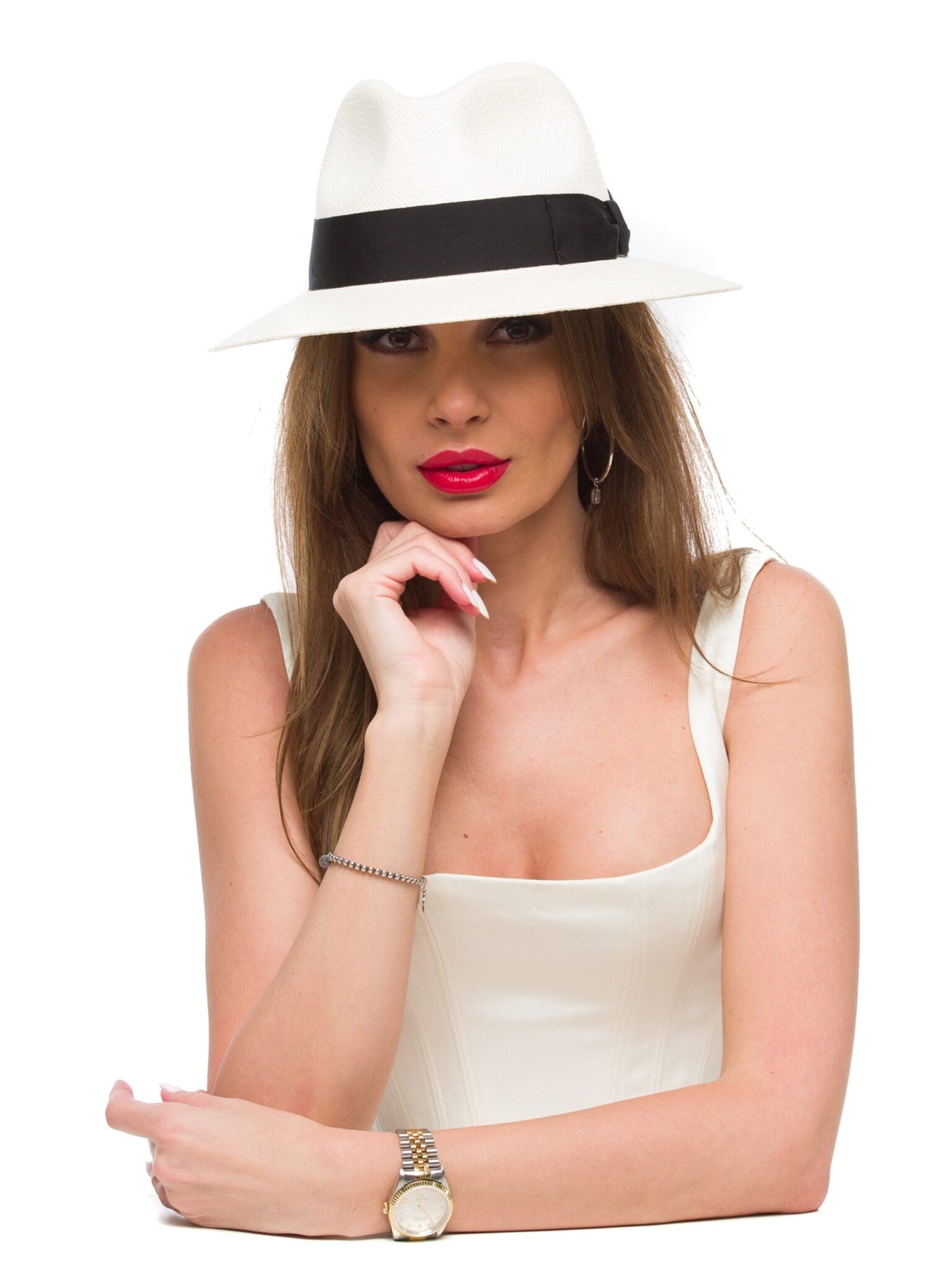 Palarie Panama Monaco b/nero, alba cu banda neagra, paie toquilla
