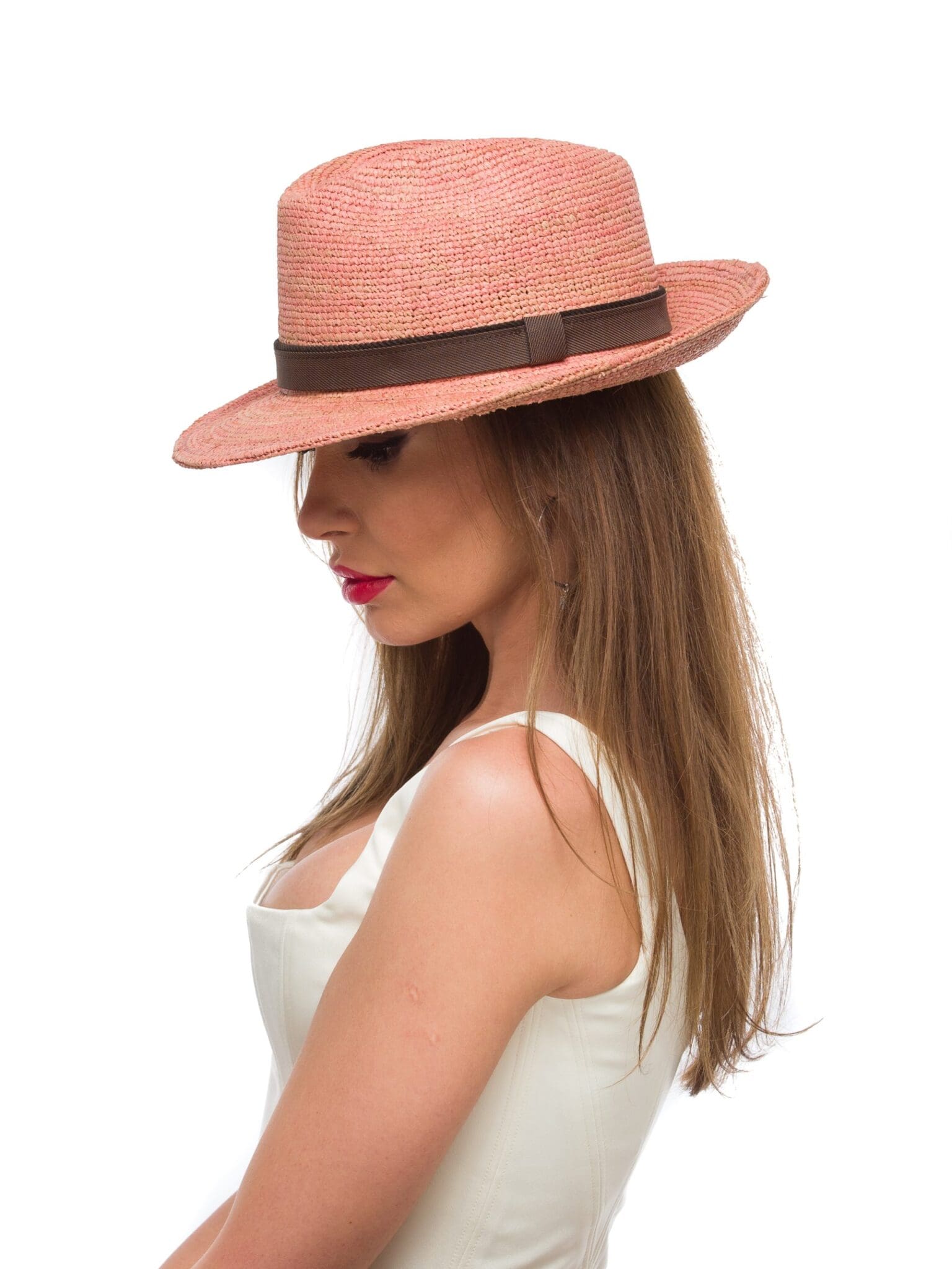 Palarie dama New York Rafia crochet rosa cint, bor mediu, rafie crochet