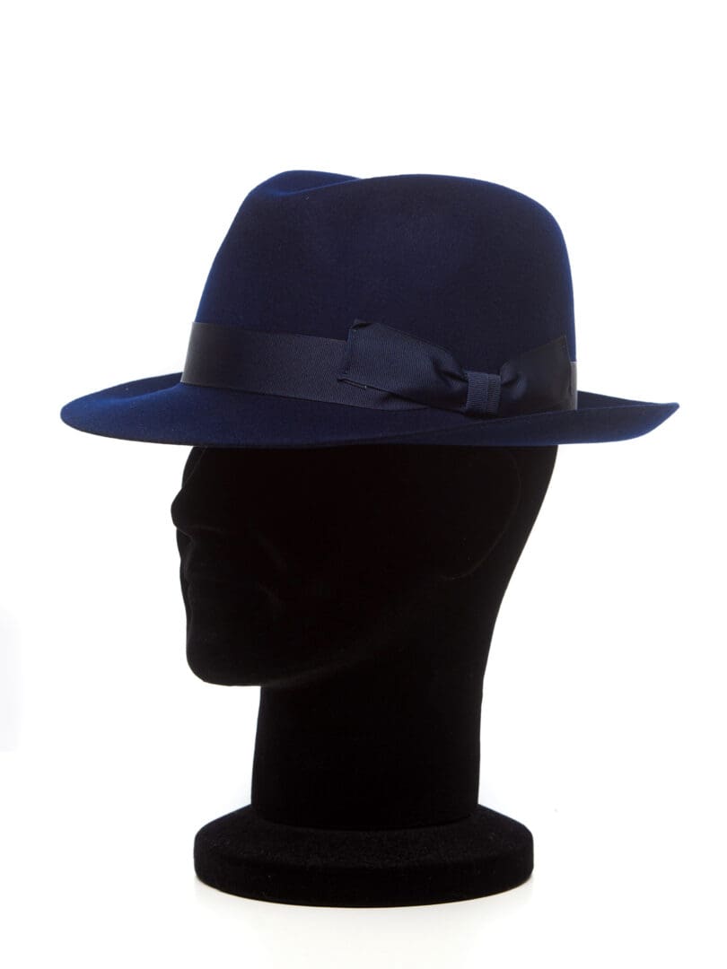 Palarie barbati Fino blu, albastra, bor ingust, fetru de lana si casmir