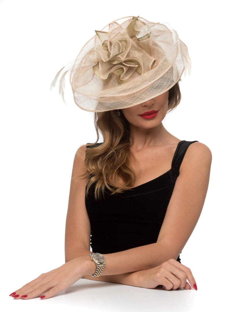 Palarie dama Fantasy grande beige/oro, nude/auriu, sisal