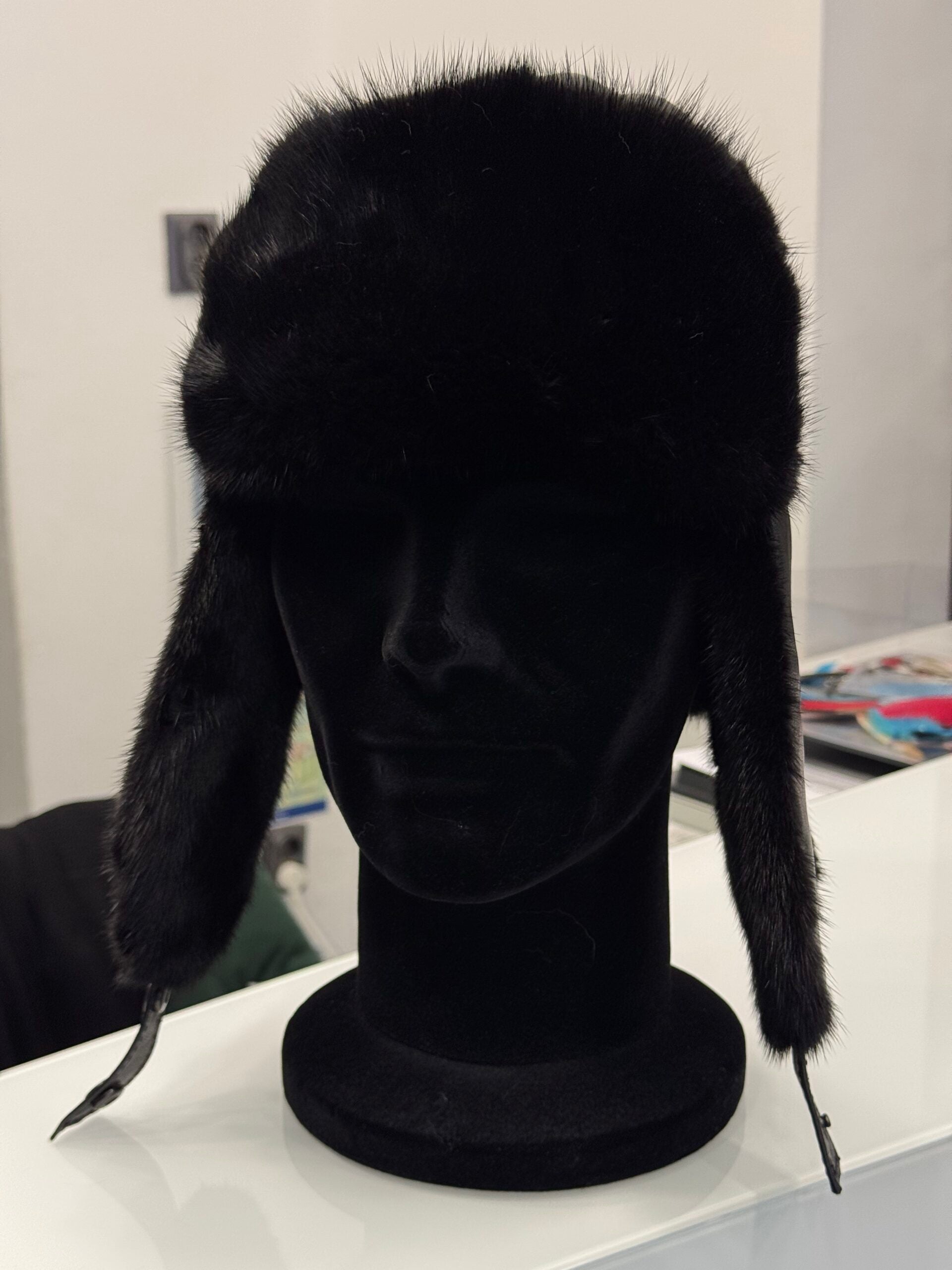 Caciula Ushanka nappa black mink, negru, blana de nurca