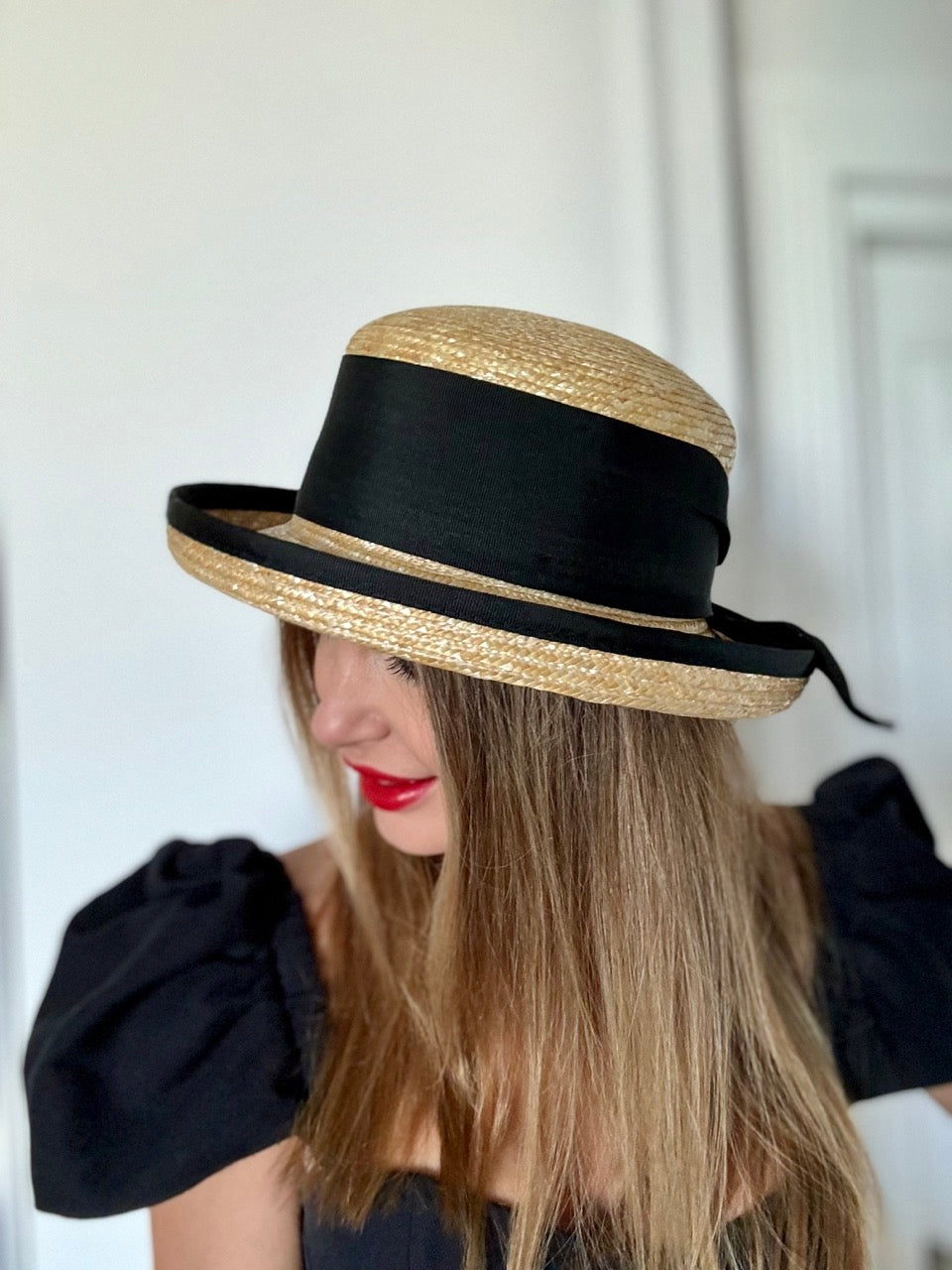 Palarie dama Saint Tropez nat/nero, paie naturale